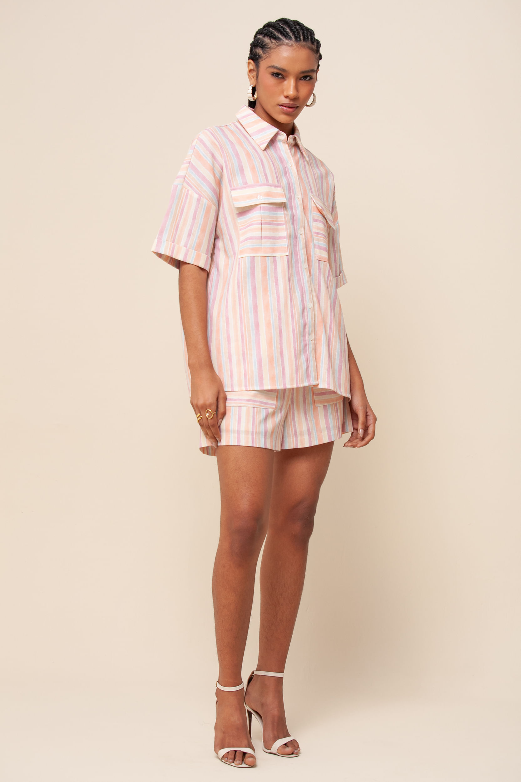 Camisa Viscolinho Listras Colors MULTICOLOR Camisa Viscolinho Listras Colors MULTICOLOR