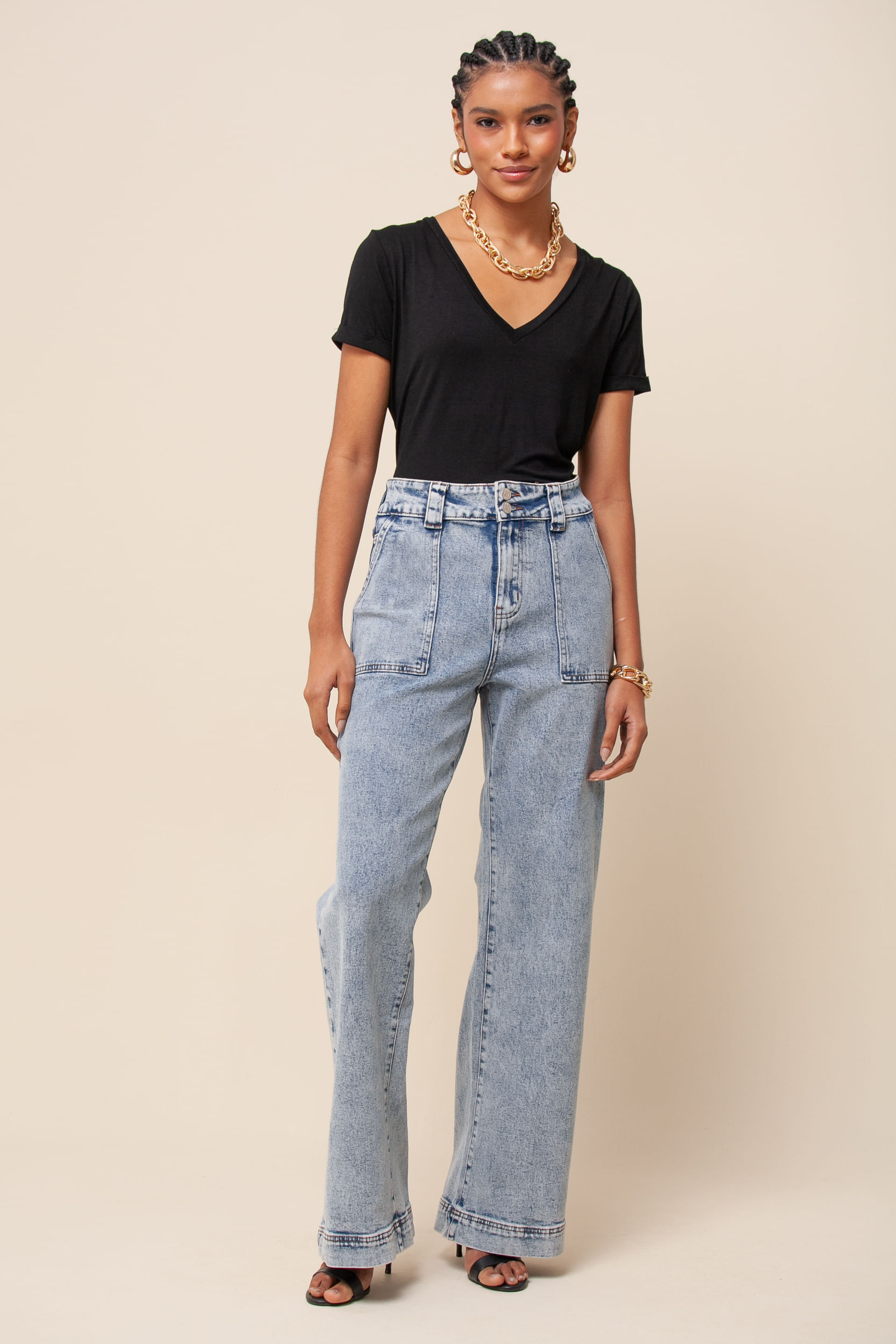 9035549 - Calça Jeans Reta Bolsos AZUL CLARO 