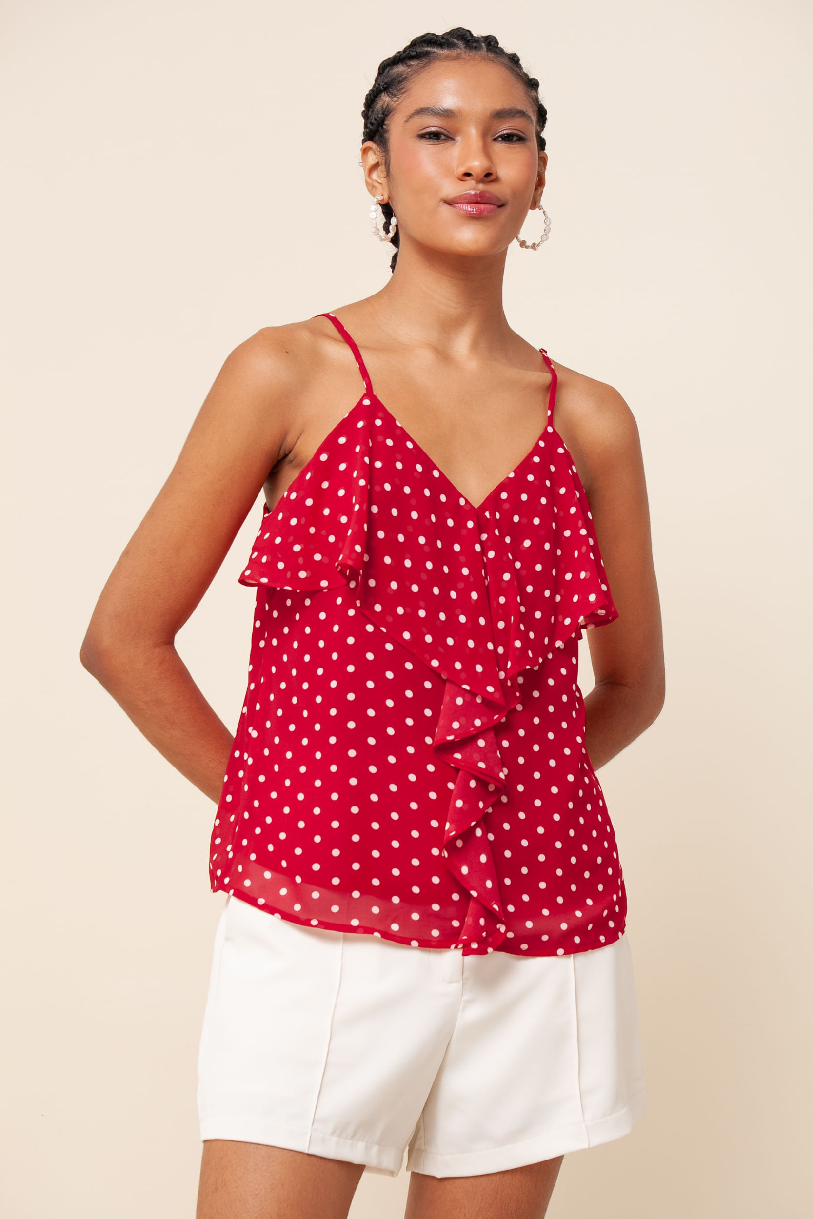 Regata Chiffon Babado Poá VERMELHO Regata Chiffon Babado Poá VERMELHO