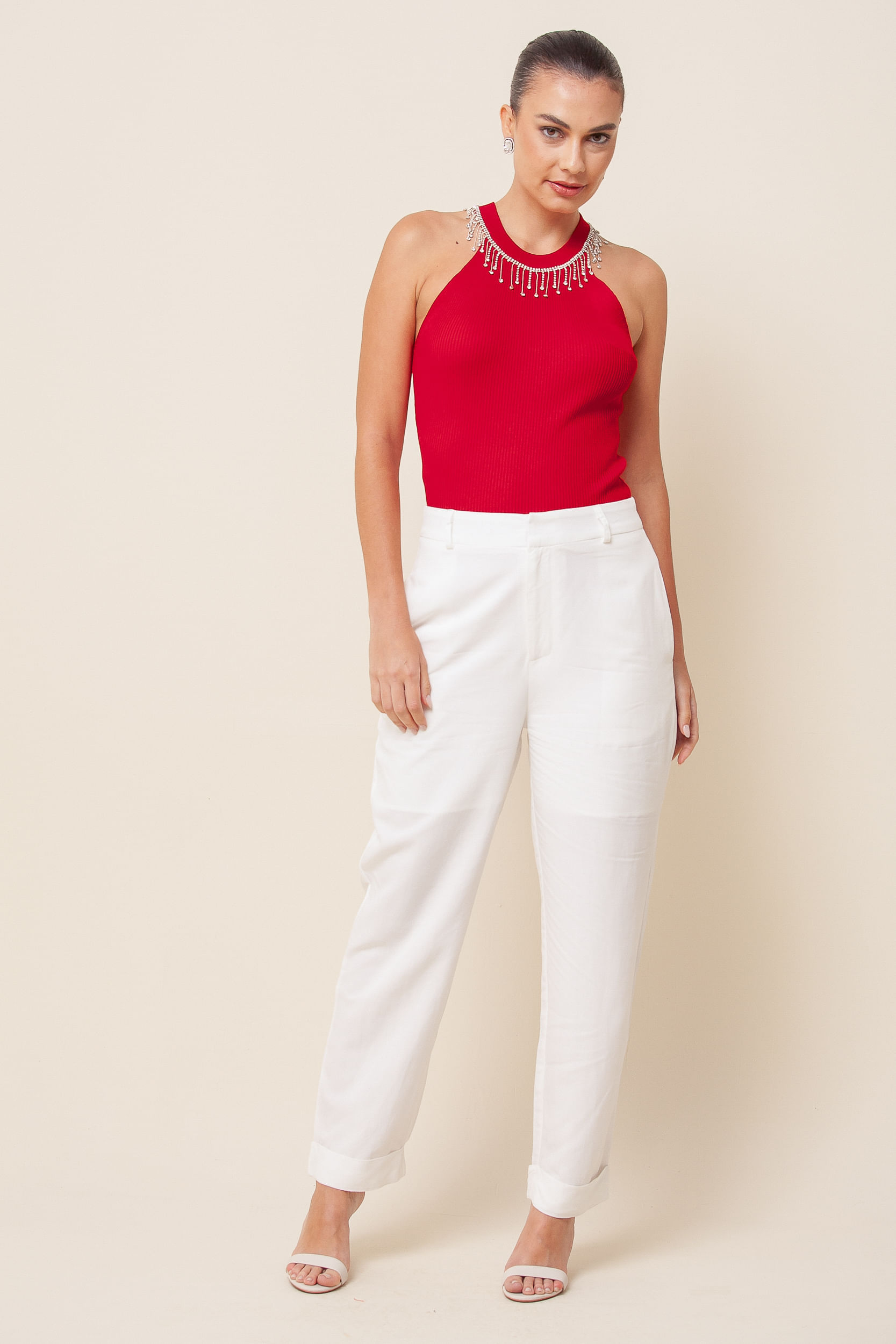 Regata Tricô Strass Cava Americana VERMELHO Regata Tricô Strass Cava Americana VERMELHO
