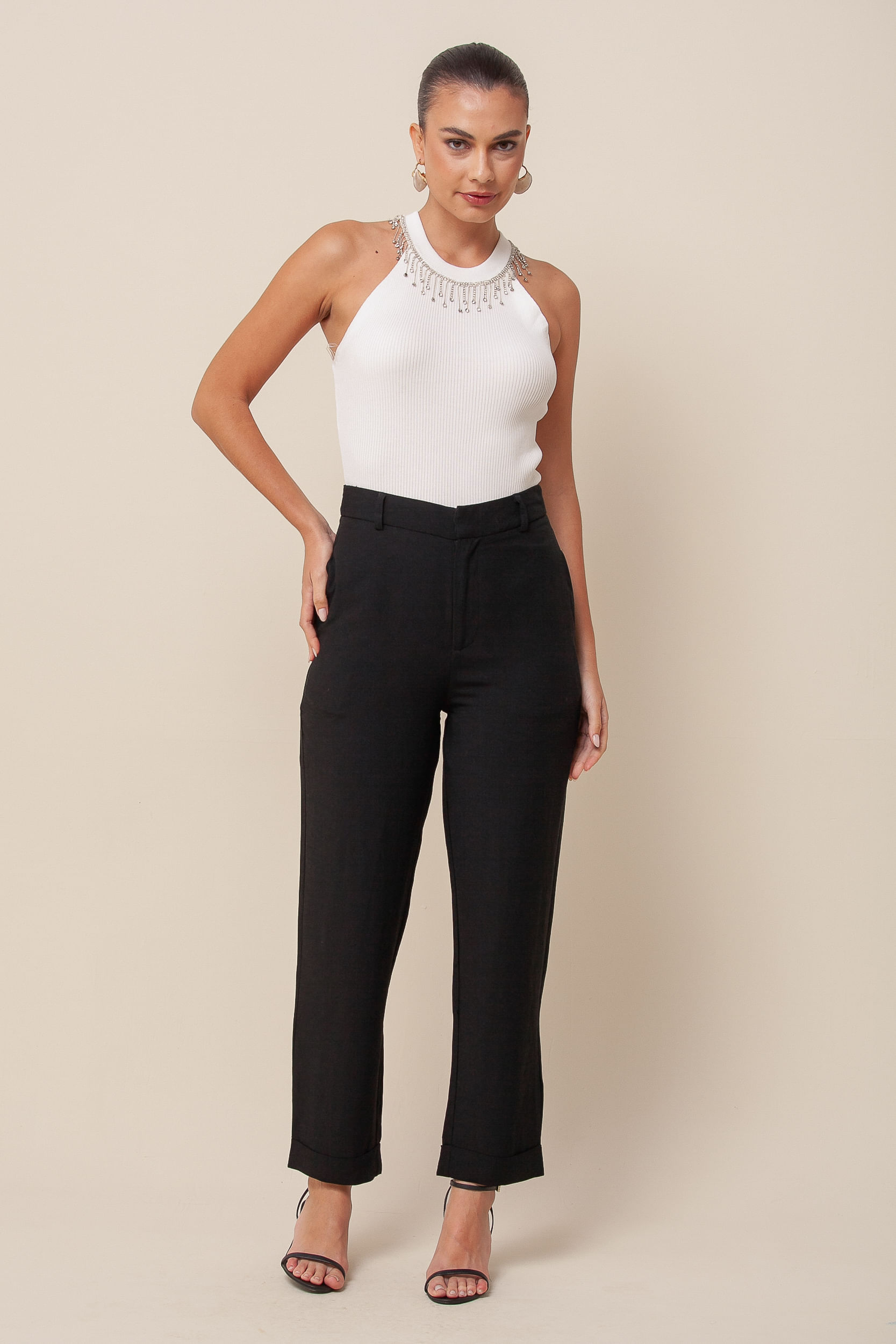 Regata Tricô Strass Cava Americana OFF-WHITE Regata Tricô Strass Cava Americana OFF-WHITE