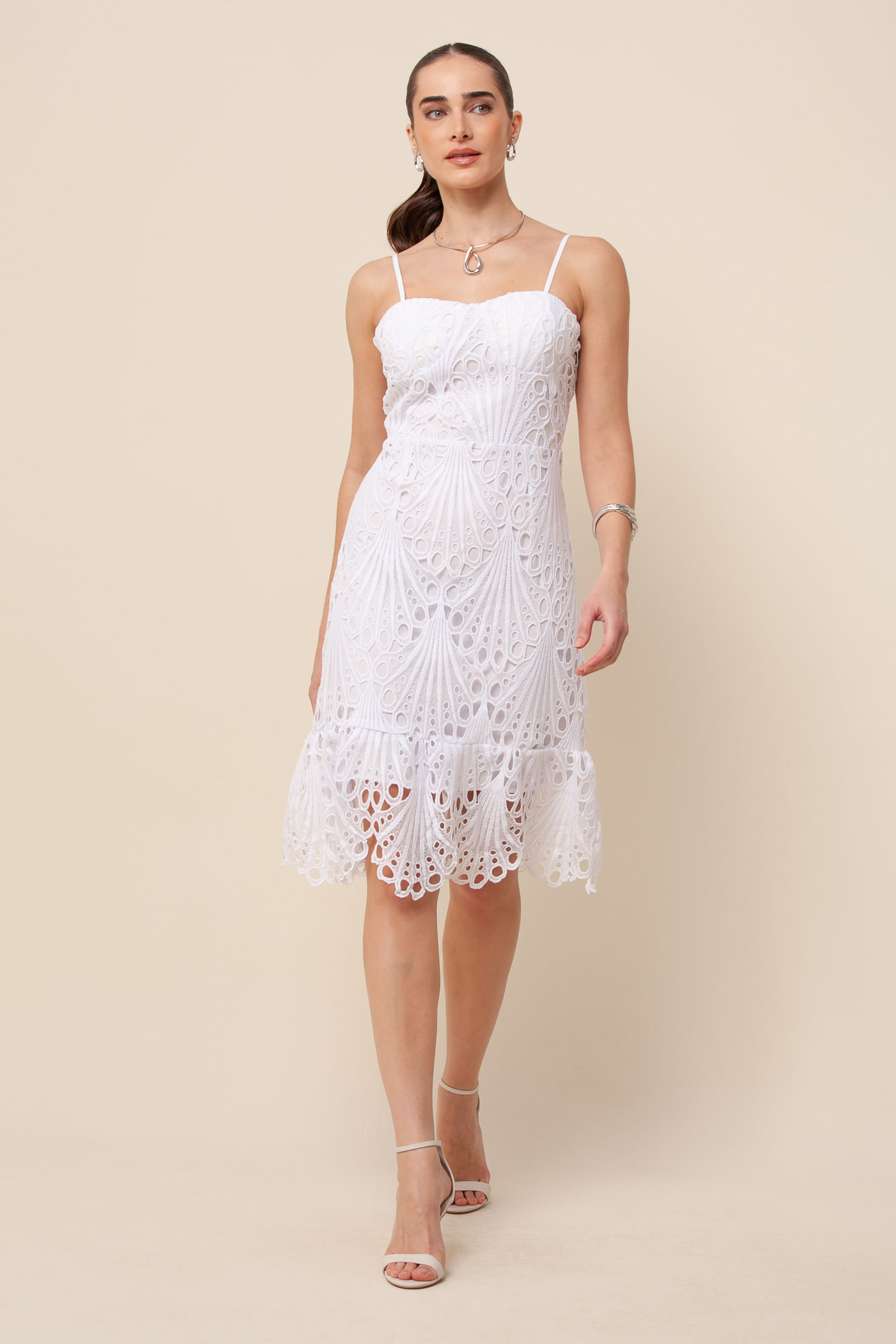 9034667 - Vestido Guipure Curto Saia Barrado BRANCO