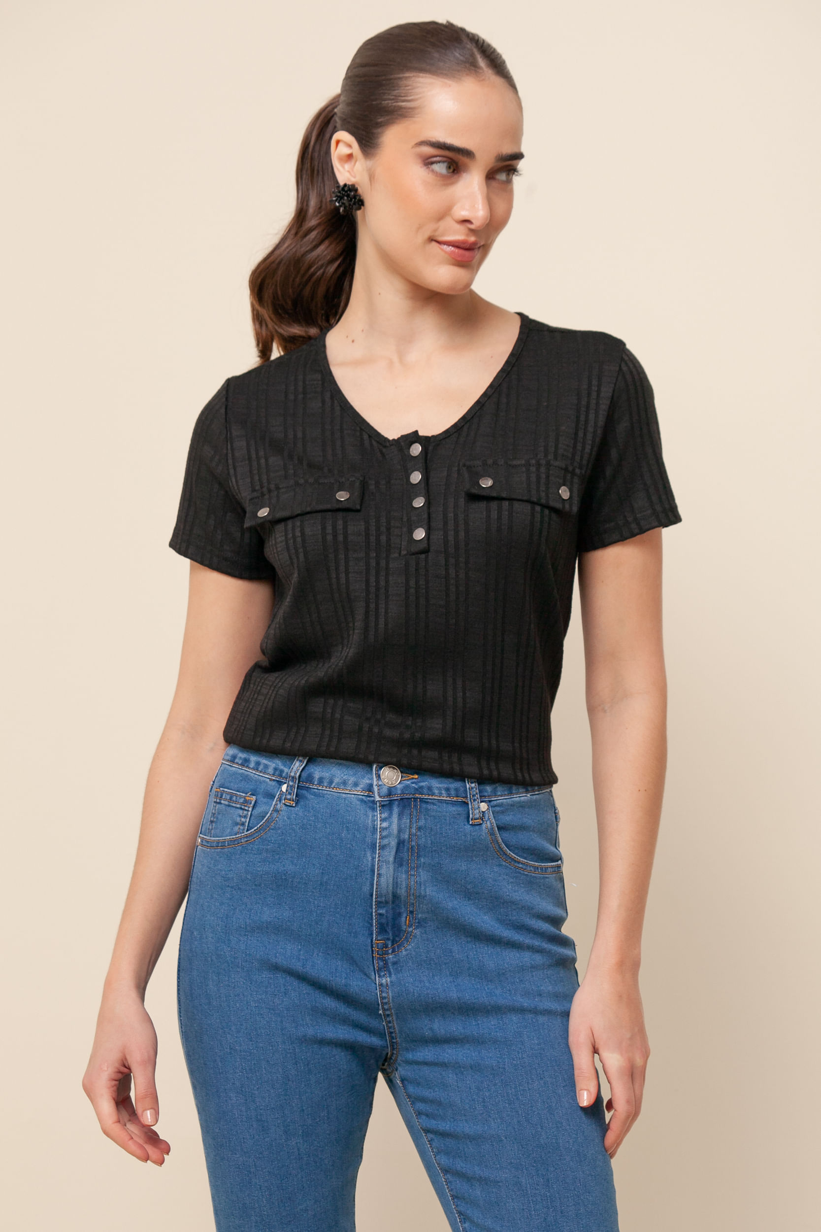 9035329 - Blusa Botões Manga Curta  PRETO