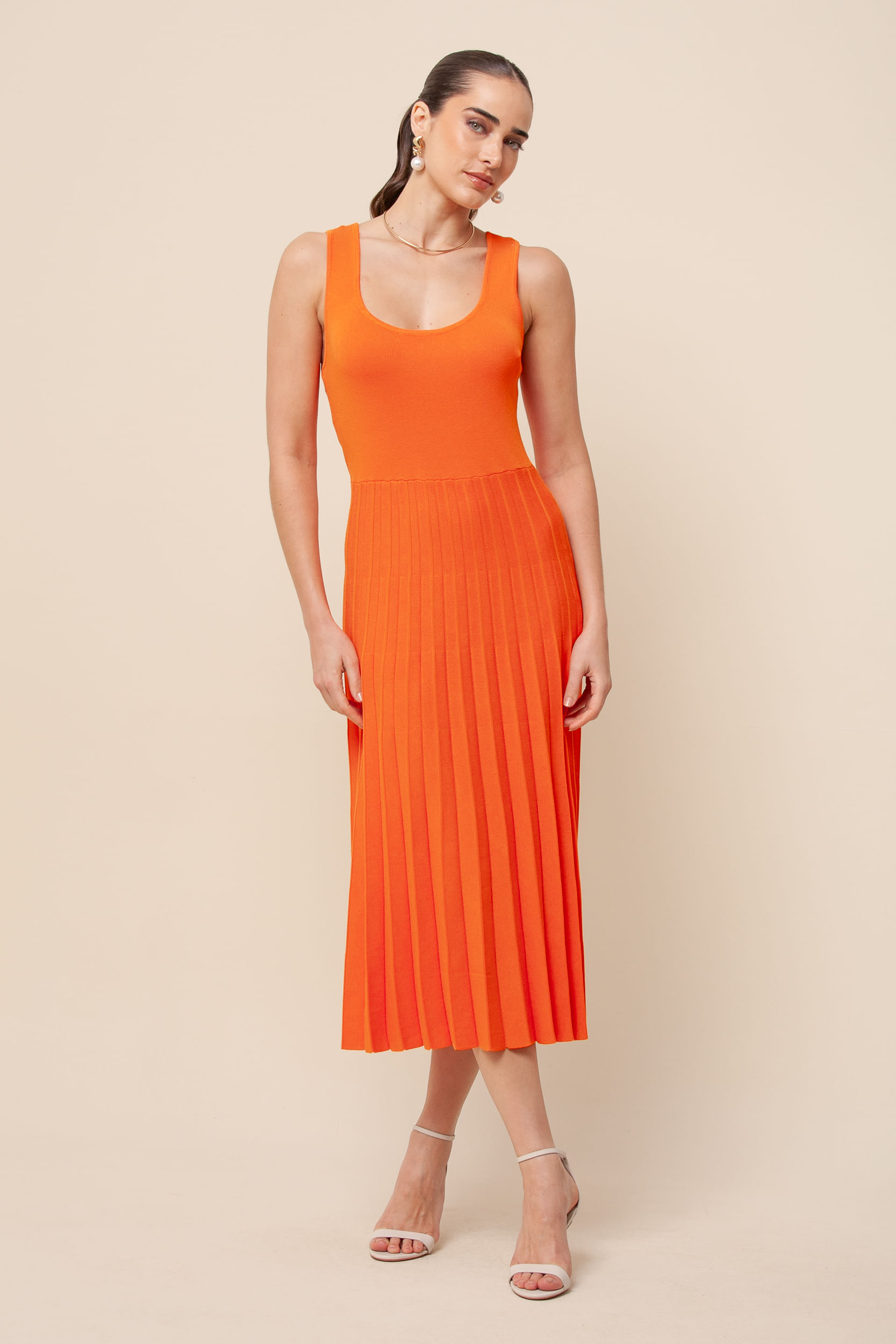 9035569 - Vestido Tricô Midi Plissado LARANJA