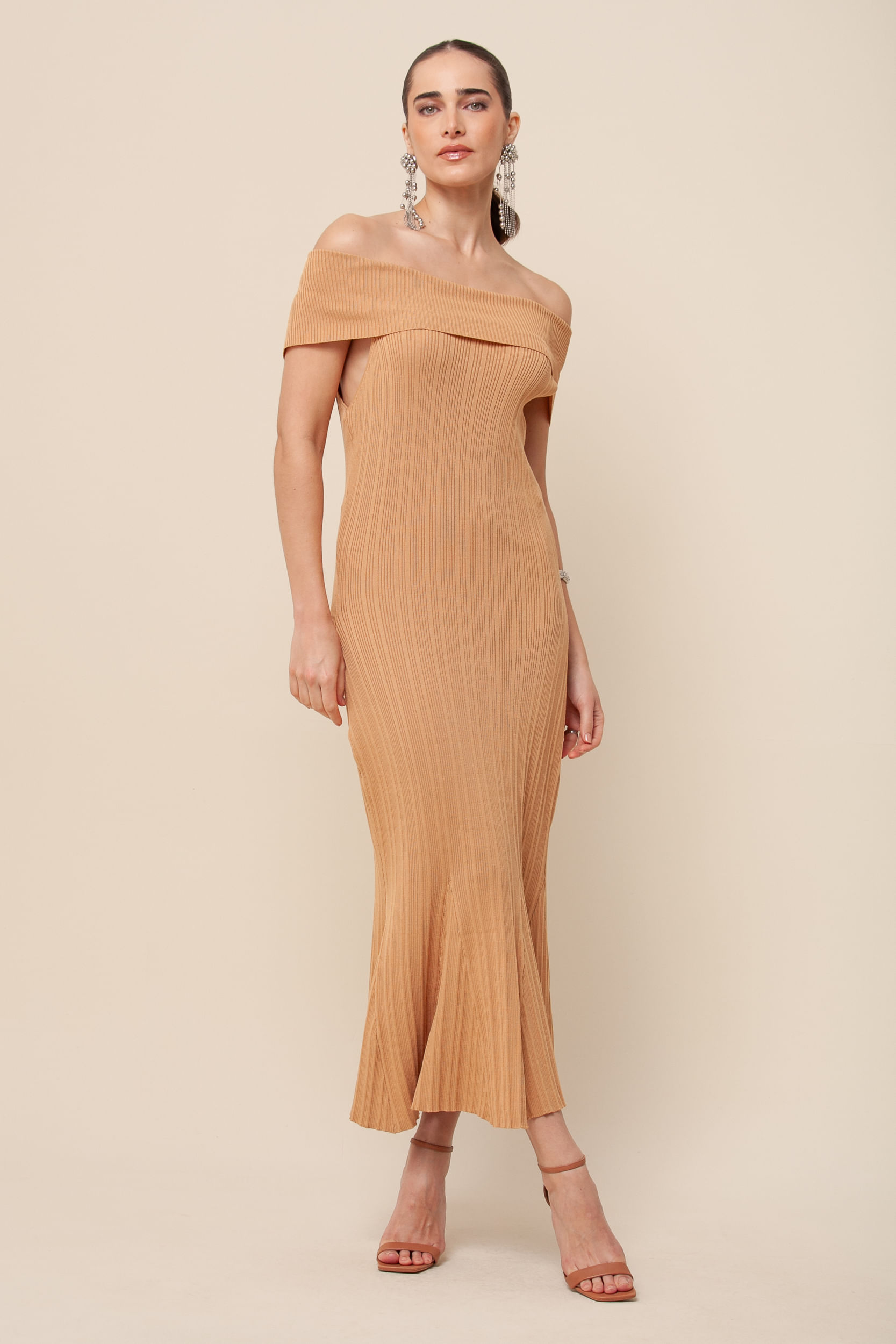 9035570 - Vestido Tricô Ombro a Ombro Midi BEGE