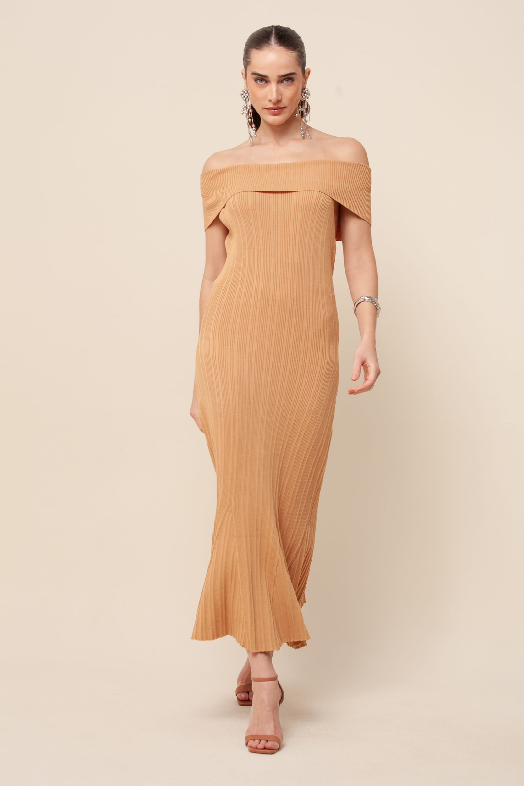 9035570 - Vestido Tricô Ombro a Ombro Midi BEGE 9035570 - Vestido Tricô Ombro a Ombro Midi BEGE