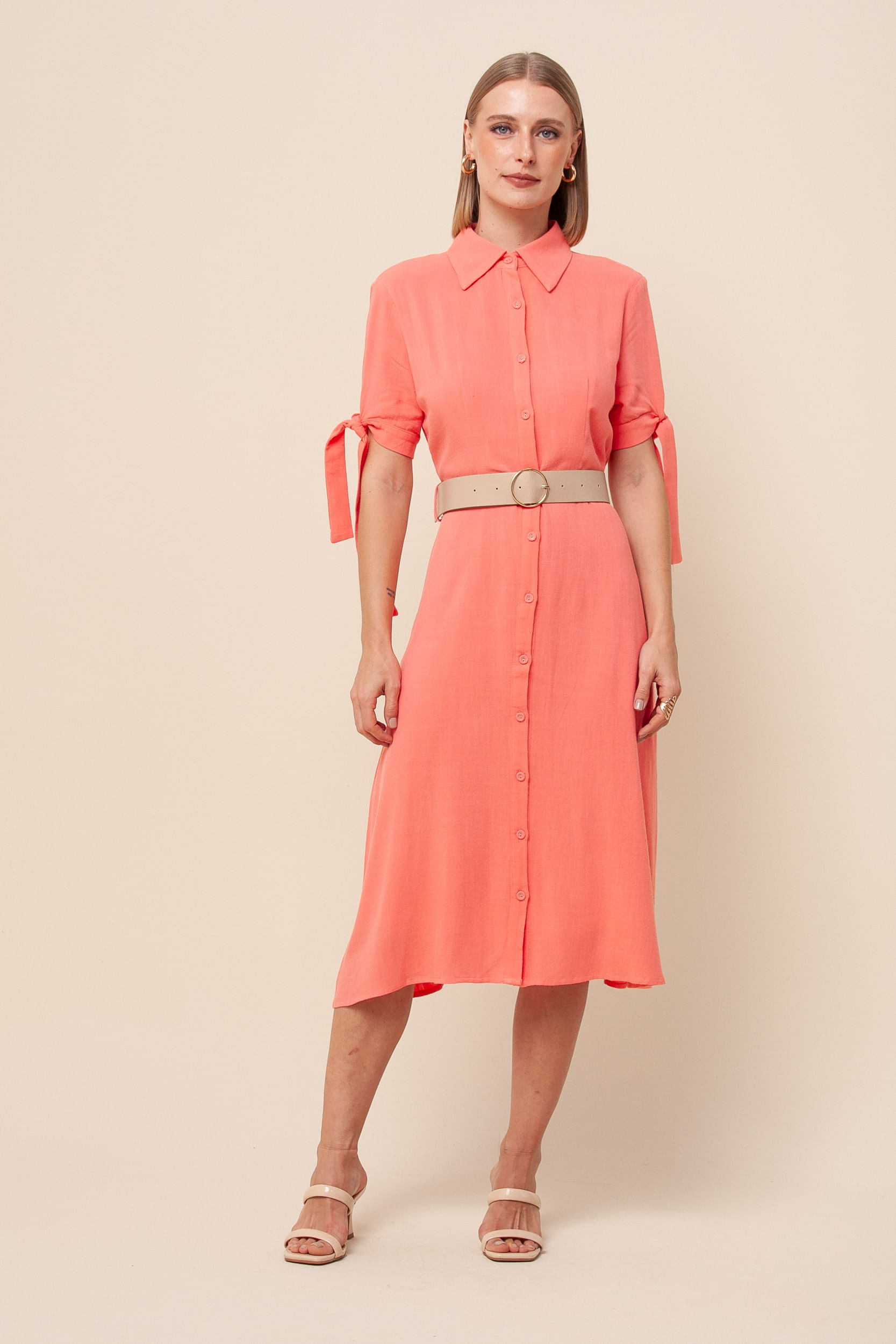 9035498 - Vestido Chemisie Midi Evasê CORAL