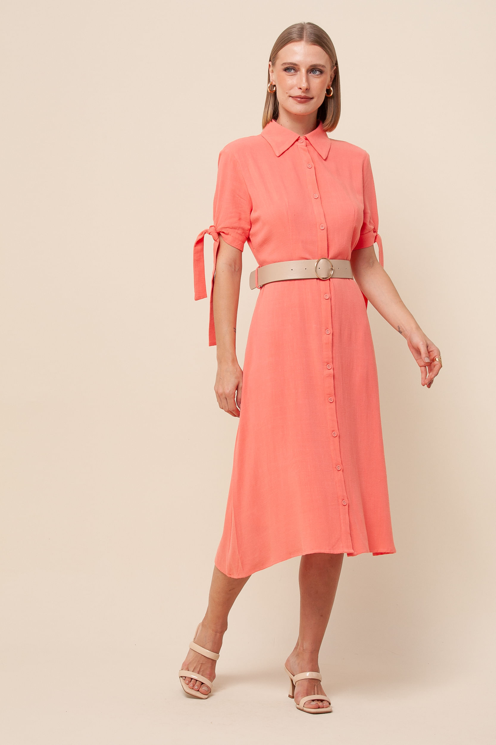 9035498 - Vestido Chemisie Midi Evasê CORAL