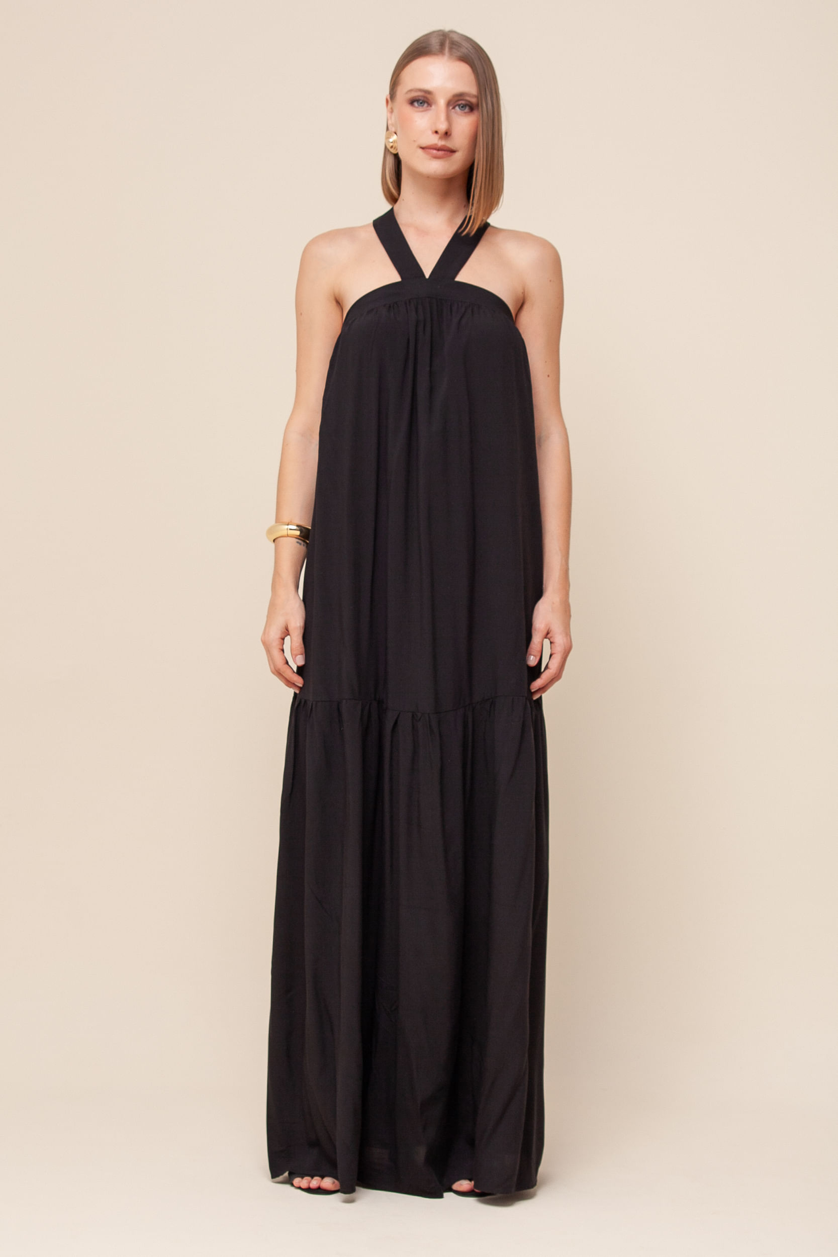 9036047 - Vestido Longo Decote Cruzado  PRETO