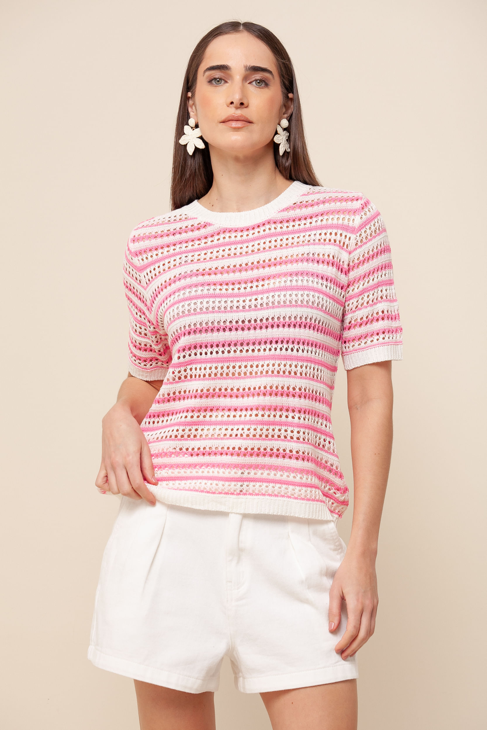 9036139 - Blusa Tricô Efeito Crochê Listras  ROSA