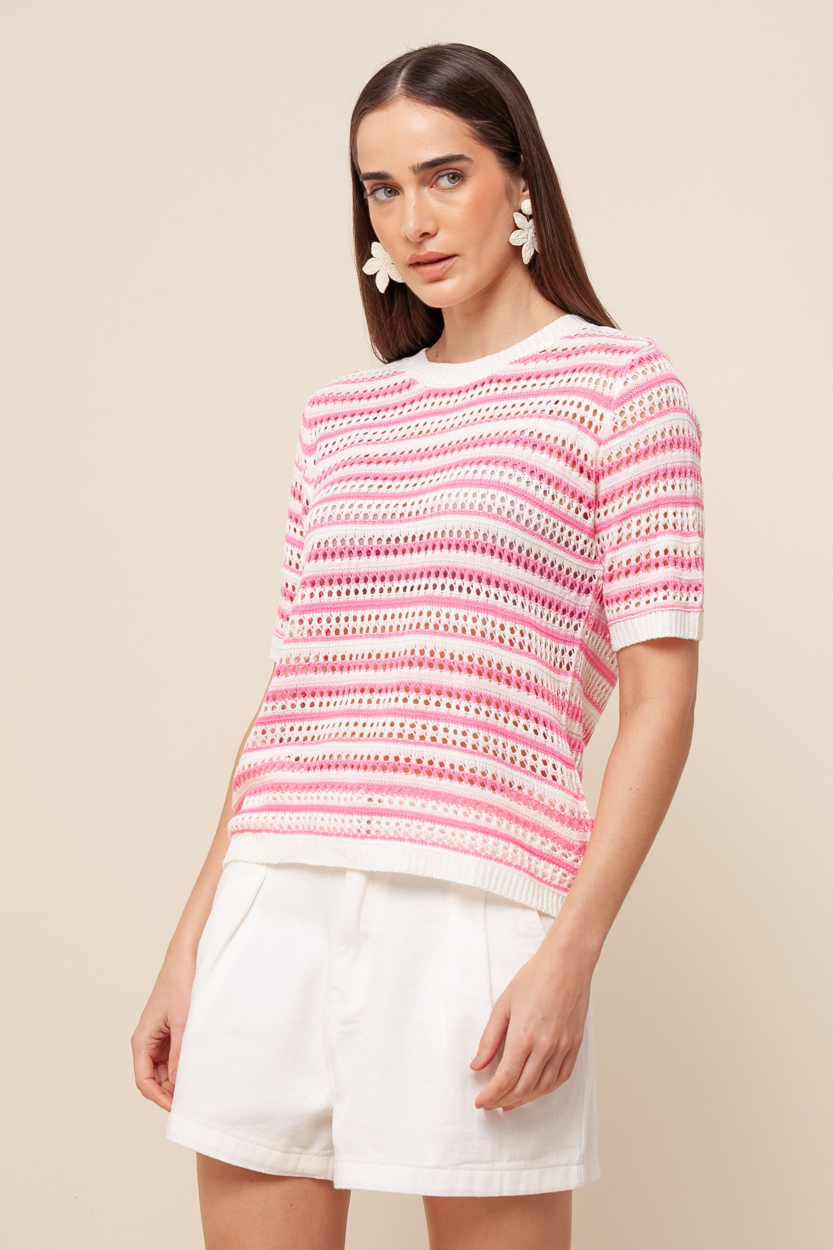 9036139 - Blusa Tricô Efeito Crochê Listras ROSA 9036139 - Blusa Tricô Efeito Crochê Listras ROSA