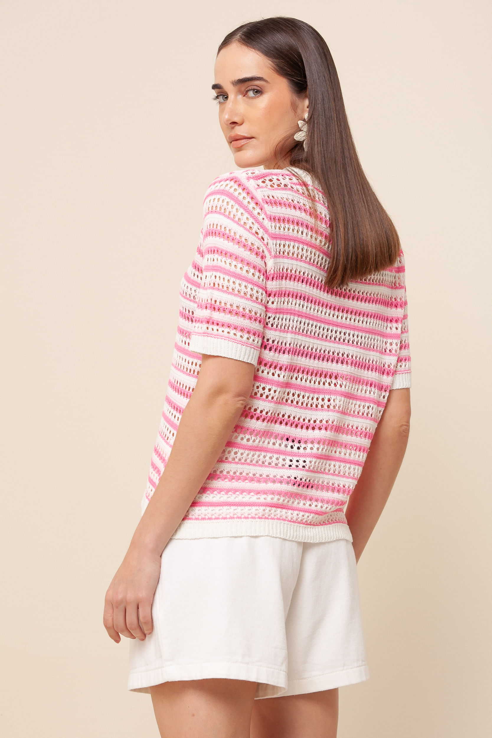 9036139 - Blusa Tricô Efeito Crochê Listras ROSA 9036139 - Blusa Tricô Efeito Crochê Listras ROSA