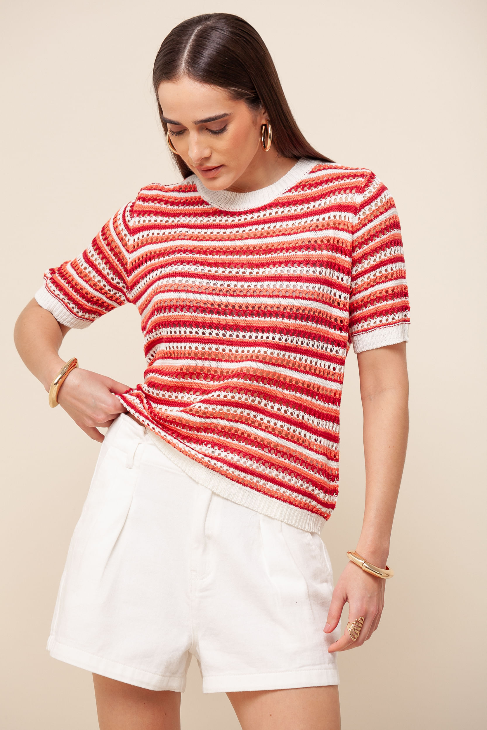 9036139 - Blusa Tricô Efeito Crochê Listras CEREJA 9036139 - Blusa Tricô Efeito Crochê Listras CEREJA
