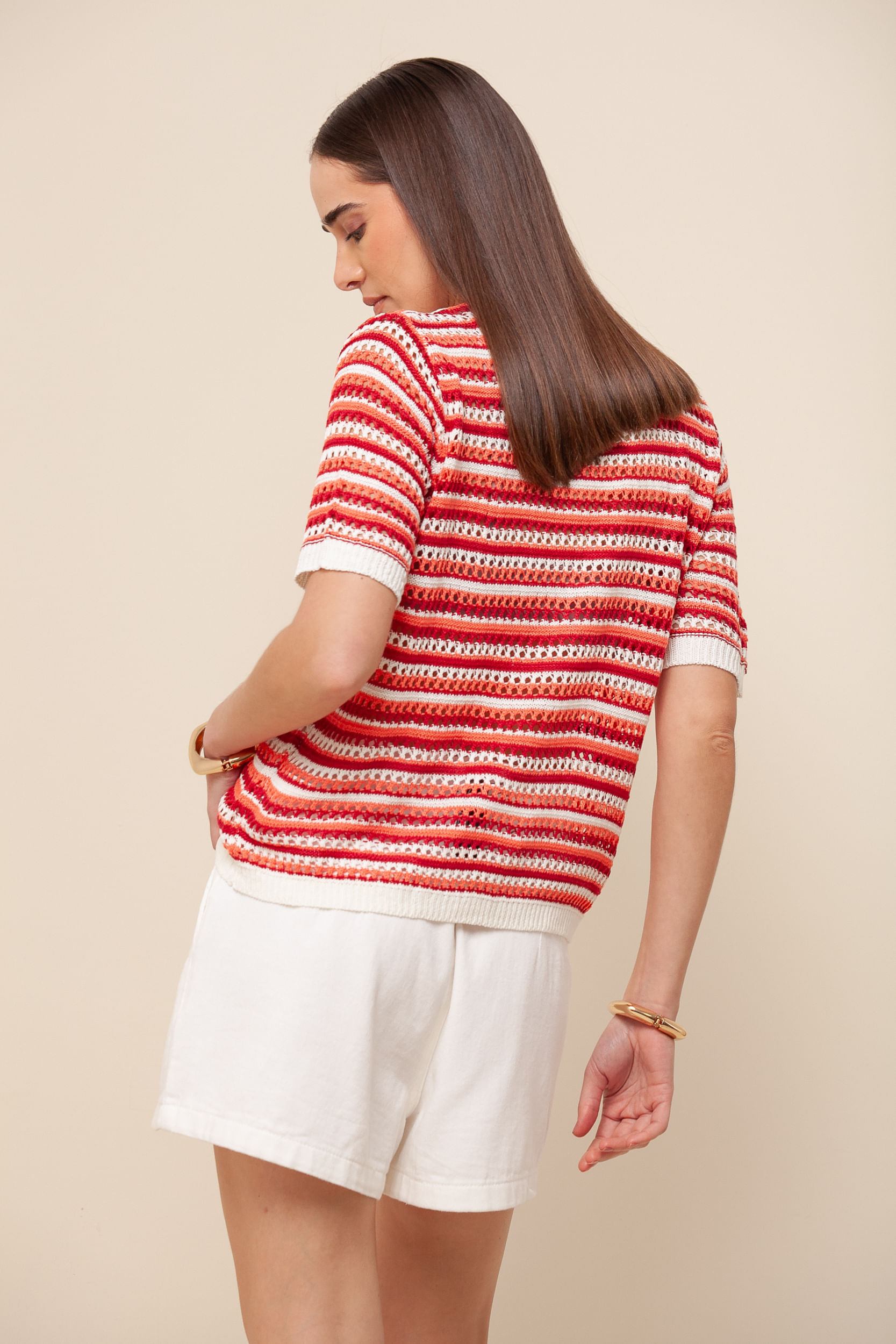 9036139 - Blusa Tricô Efeito Crochê Listras CEREJA 9036139 - Blusa Tricô Efeito Crochê Listras CEREJA