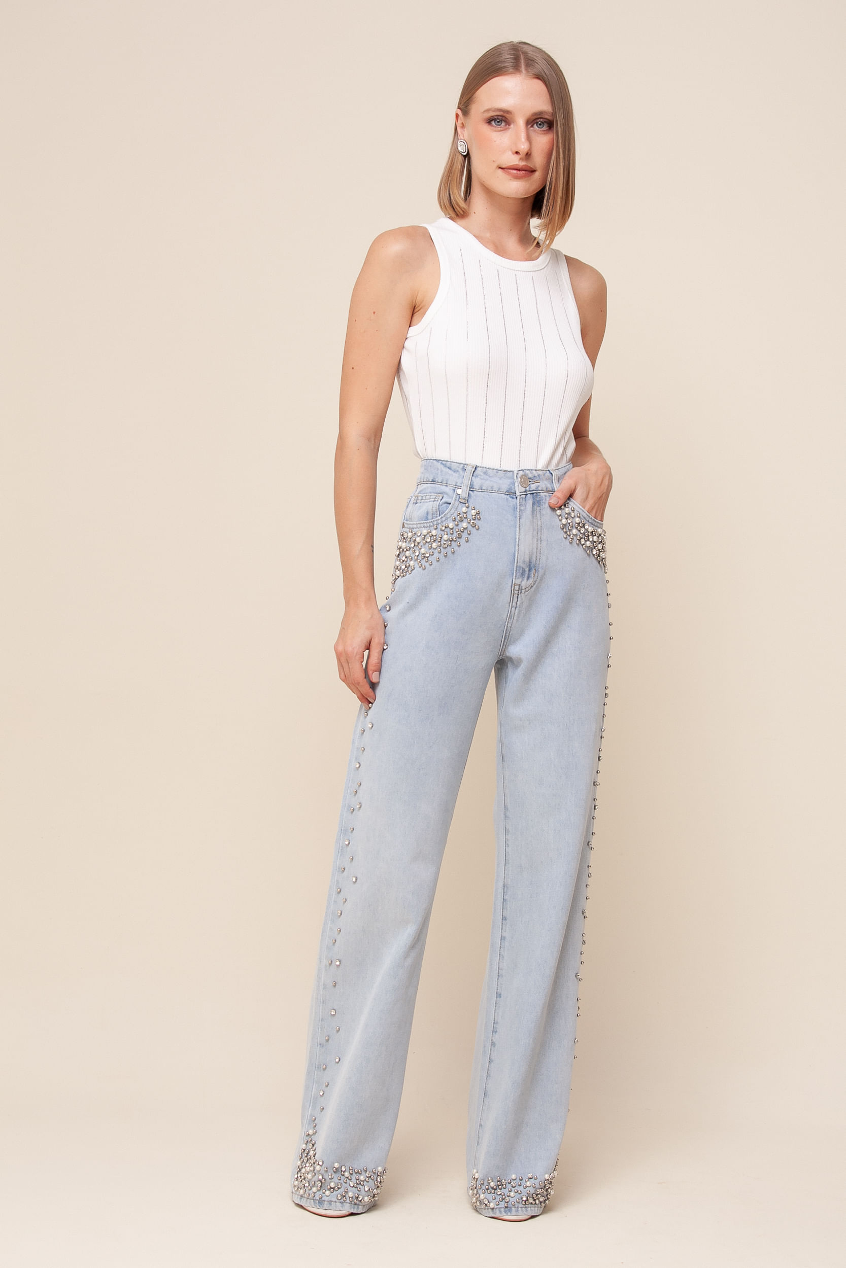 Calça Reta Bordados   JEANS