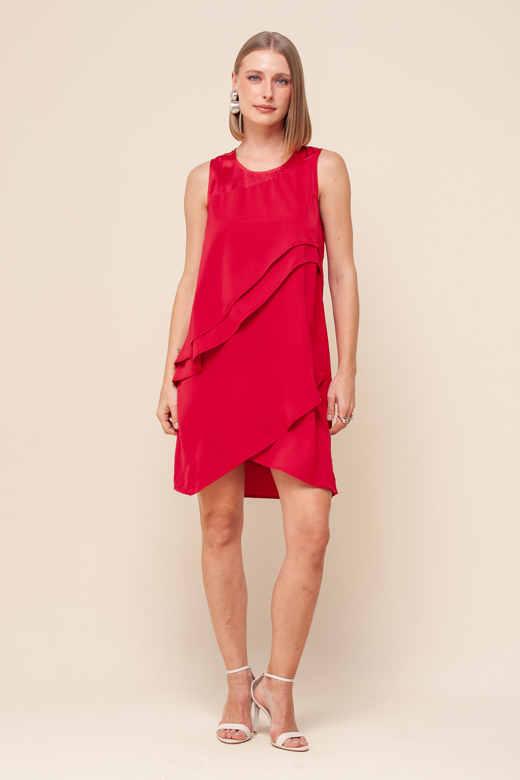 9036095 - Vestido Curto Babados Fluído   VERMELHO