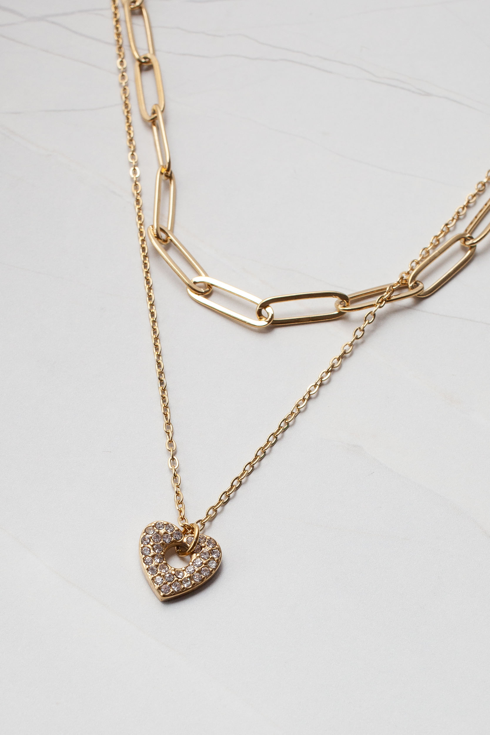 Colar Duplo Pingente Coração DOURADO Colar Duplo Pingente Coração DOURADO