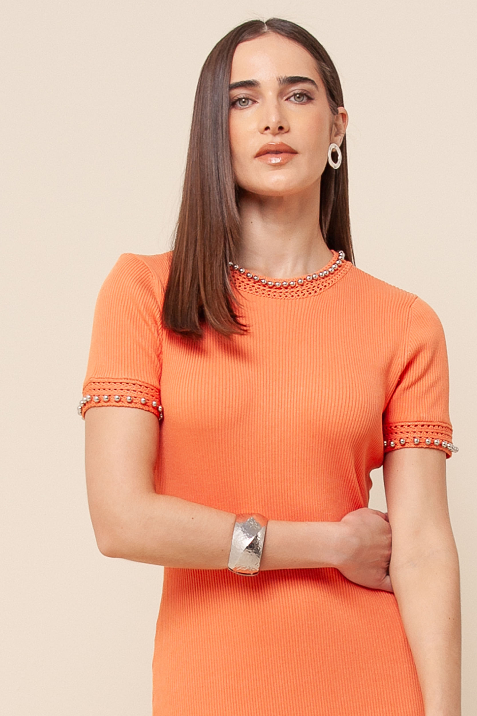 9036079 - Vestido Tricô Detalhe Pérolas  LARANJA
