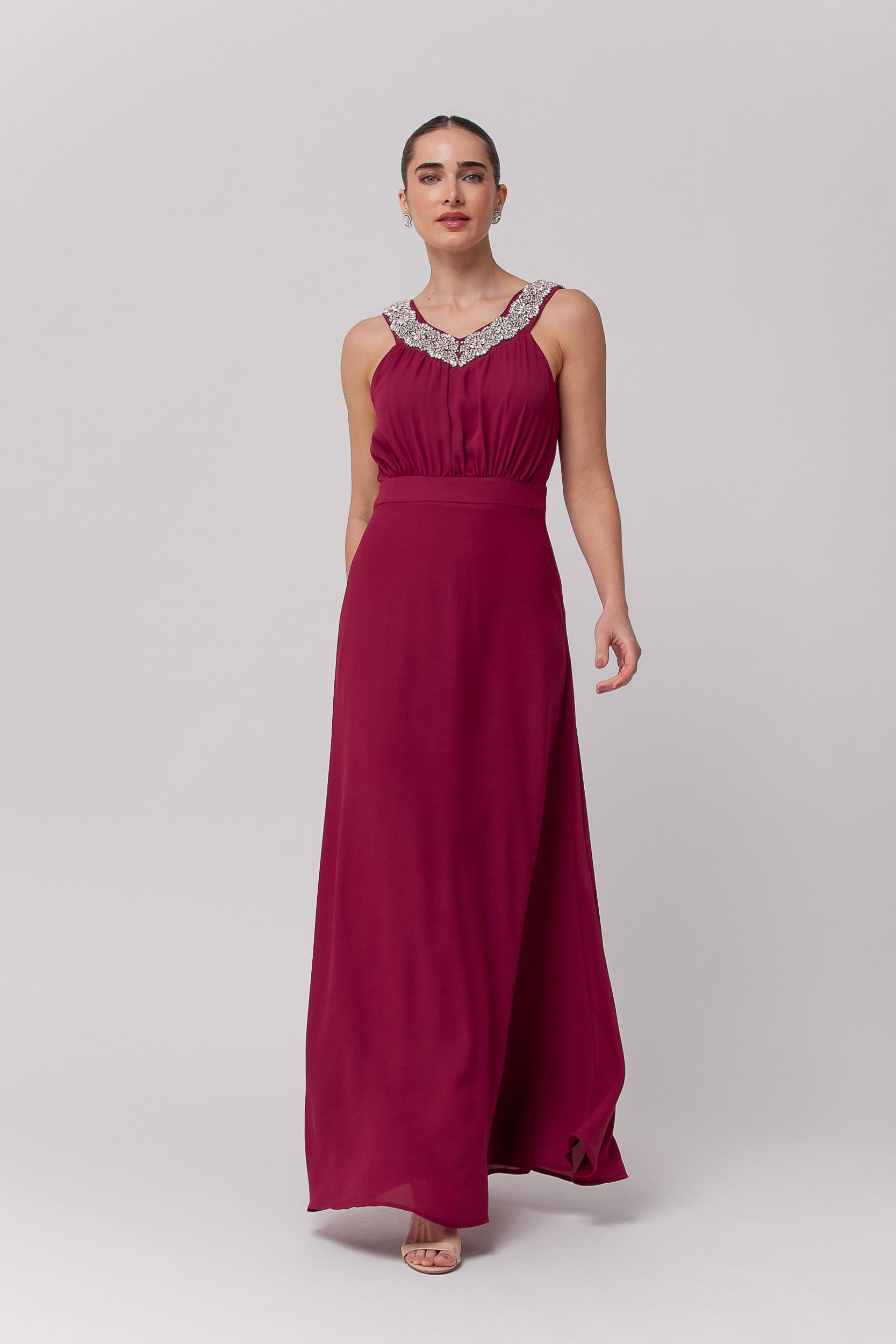 9035728 - Vestido Longo Festa com Gola Brilhante  VINHO