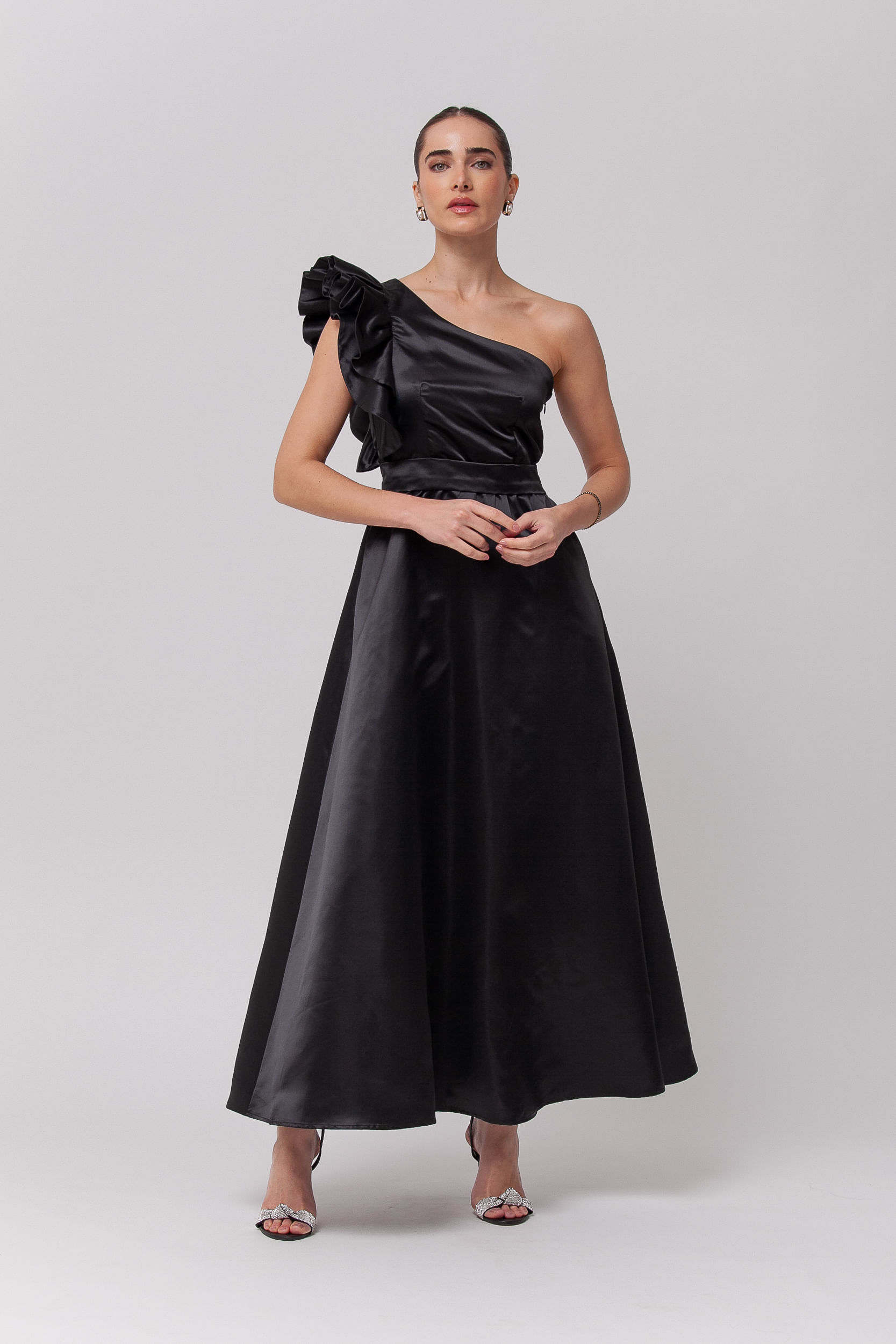 9035730 - Vestido Festa Midi Manga Babados PRETO