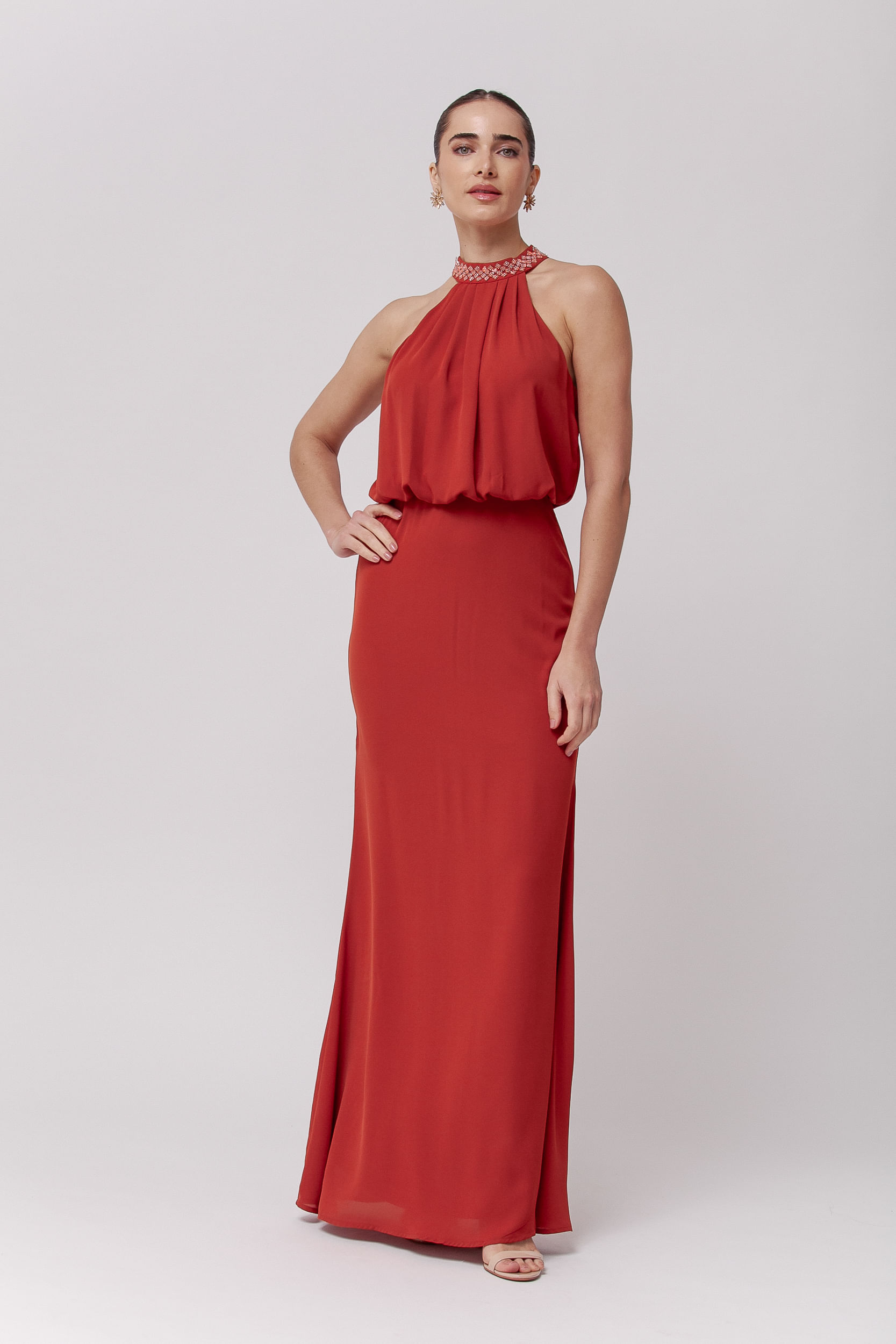 9035734 - Vestido Longo Festa Gola Brilhante Pedraria  TERRACOTA