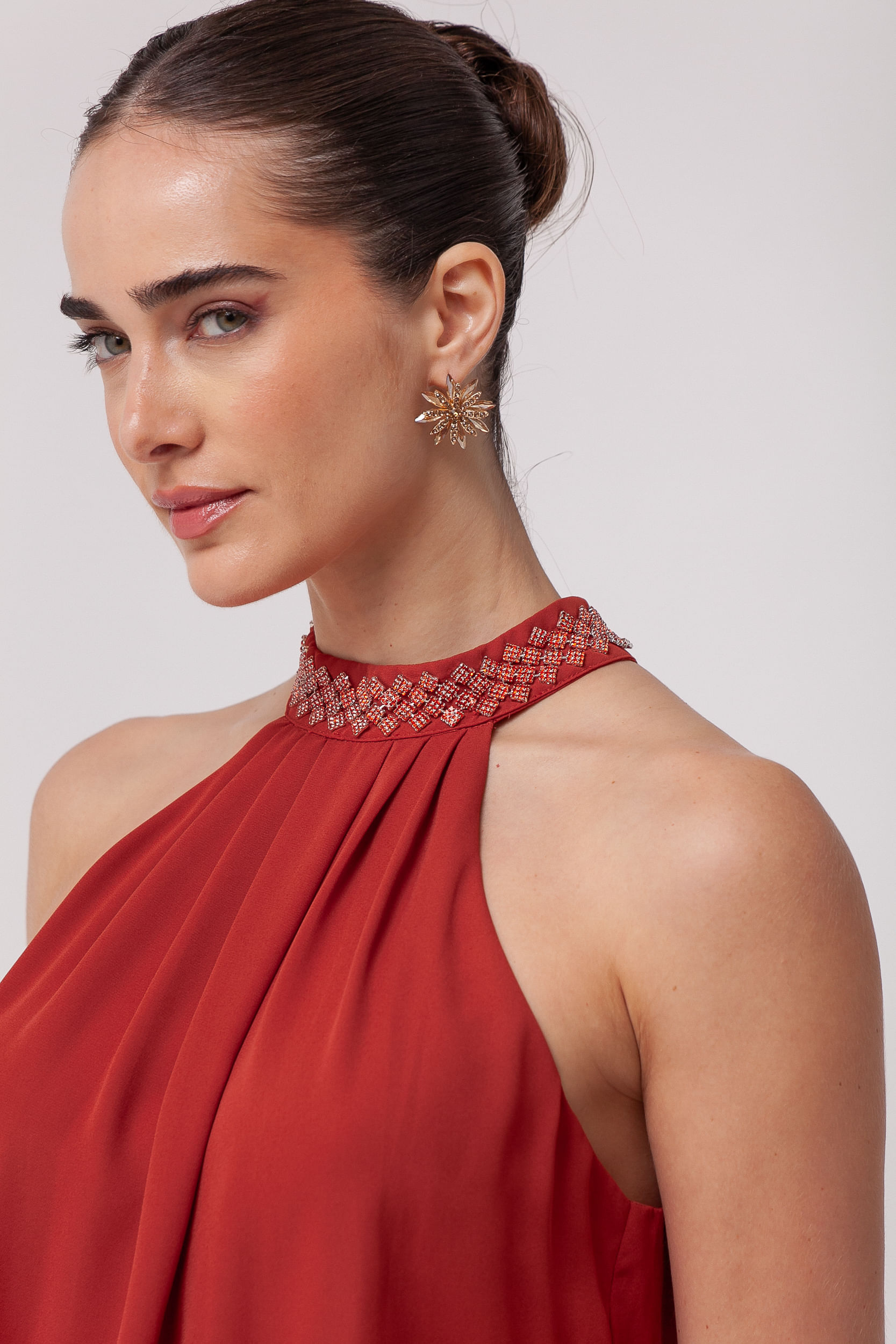9035734 - Vestido Longo Festa Gola Brilhante Pedraria  TERRACOTA