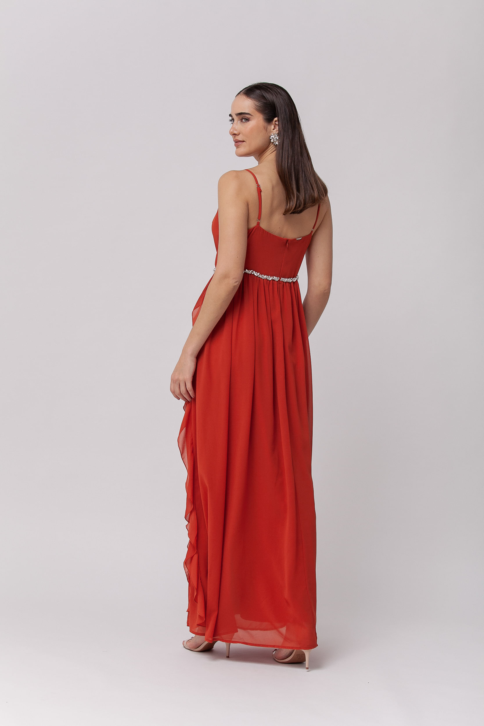 Vestido Festa Decote Transpassado Babados TERRACOTA