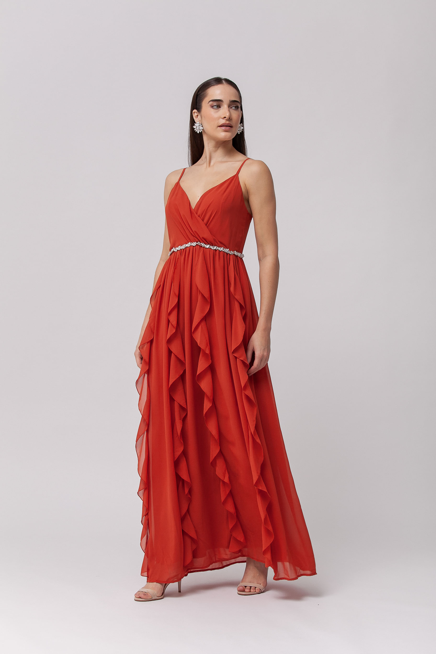 Vestido Festa Decote Transpassado Babados TERRACOTA