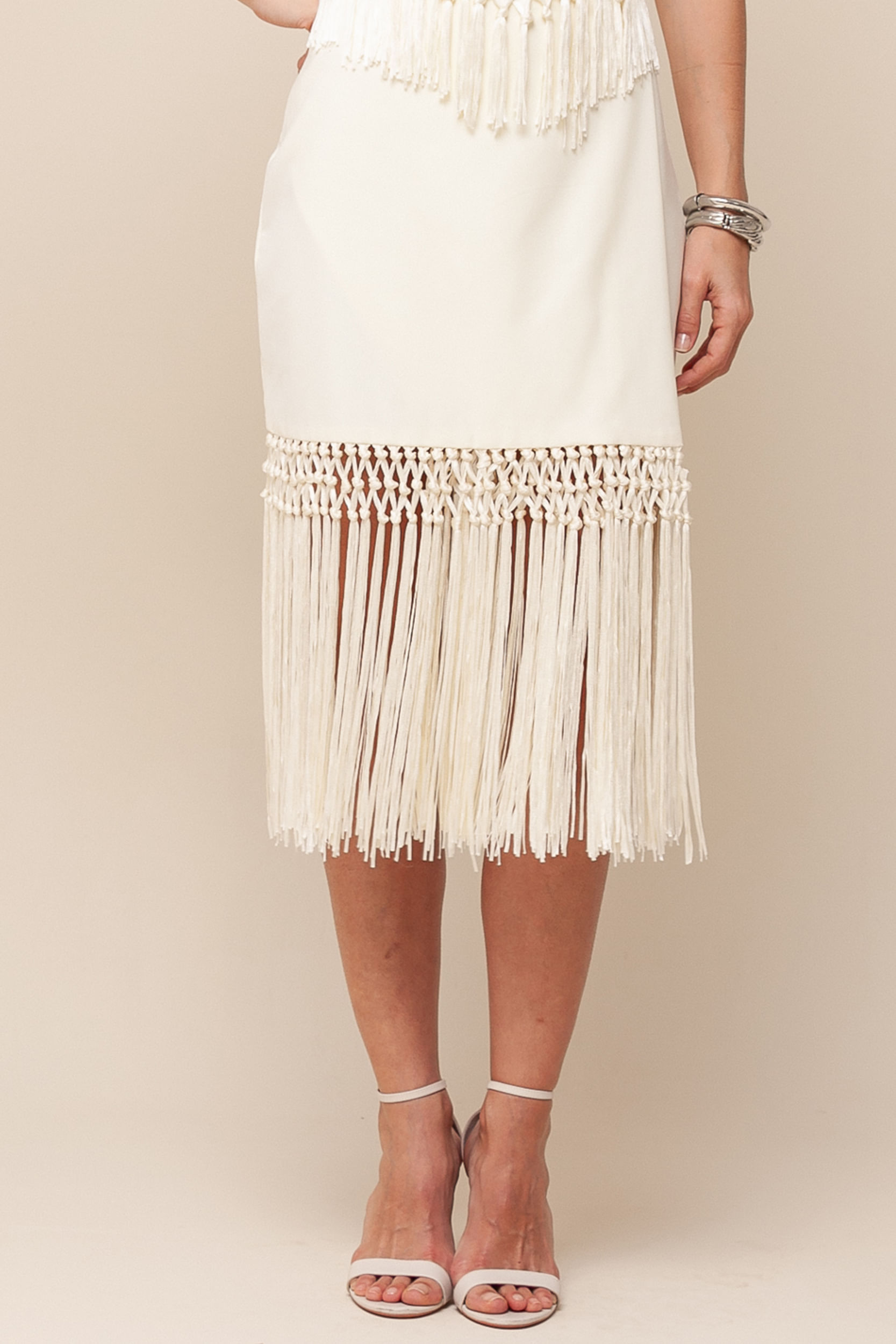 9036167 - Saia Transpassada Lápis Barra De Franjas   OFF-WHITE