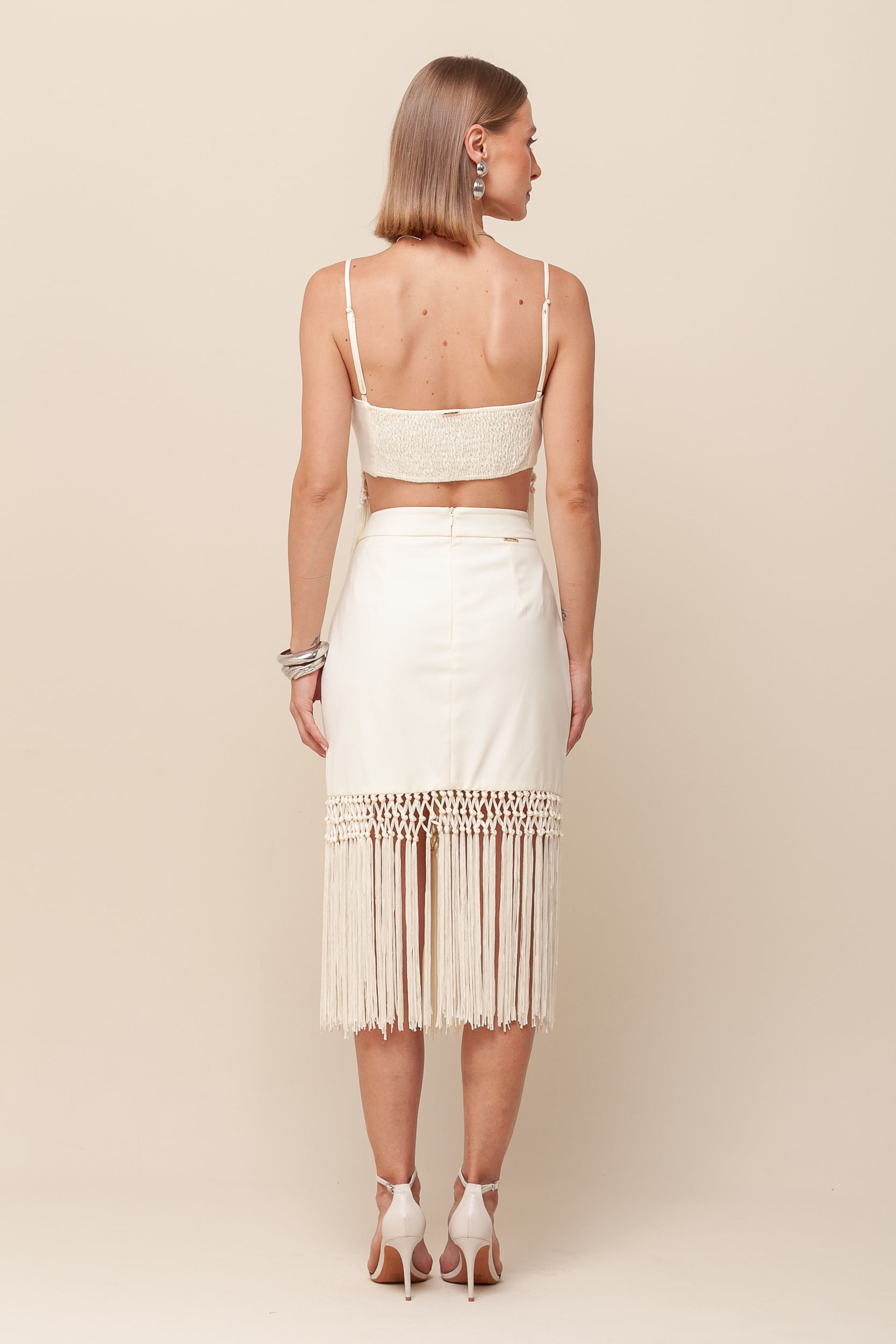 9036167 - Saia Transpassada Lápis Barra De Franjas   OFF-WHITE