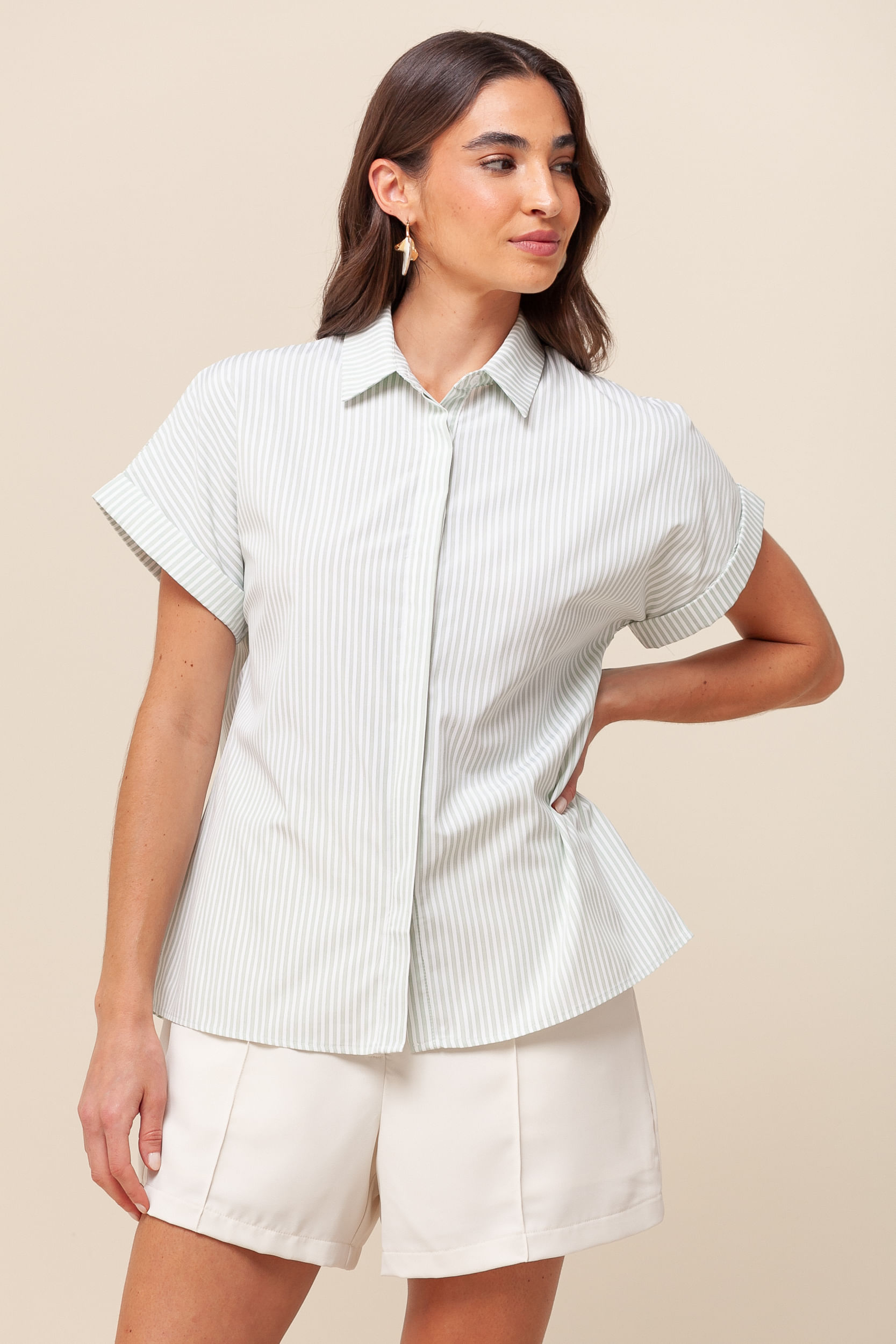 9036182 - Camisa Listrada Manga Curta VERDE 9036182 - Camisa Listrada Manga Curta VERDE