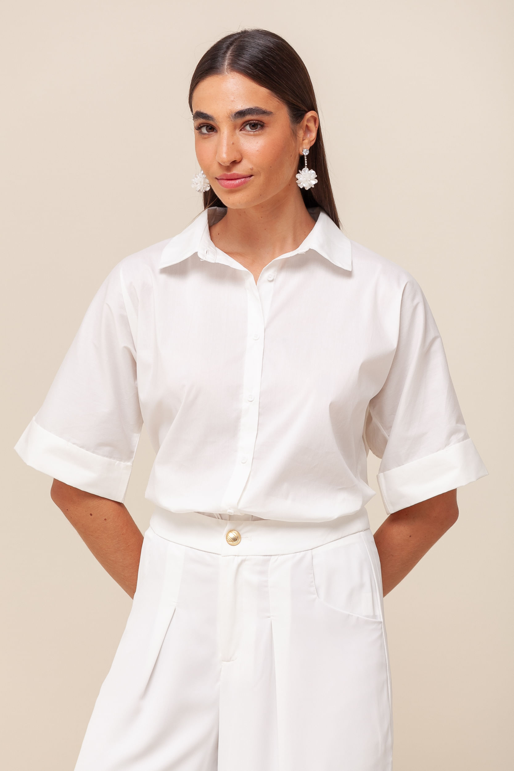 9036163 - Camisa Manga Curta Renda Costas   OFF-WHITE