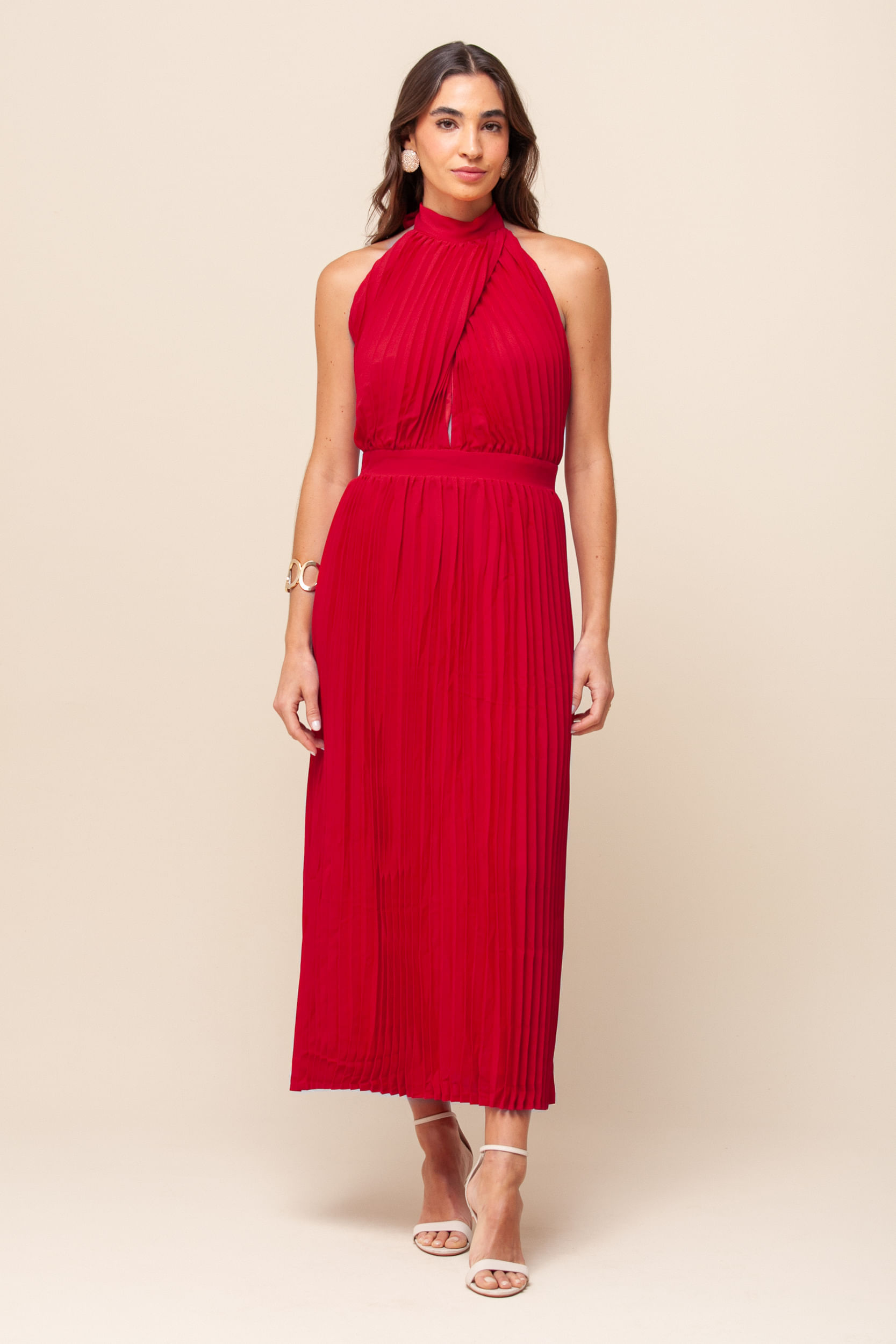 9036010 - Vestido Midi Plissado Recorte   VERMELHO
