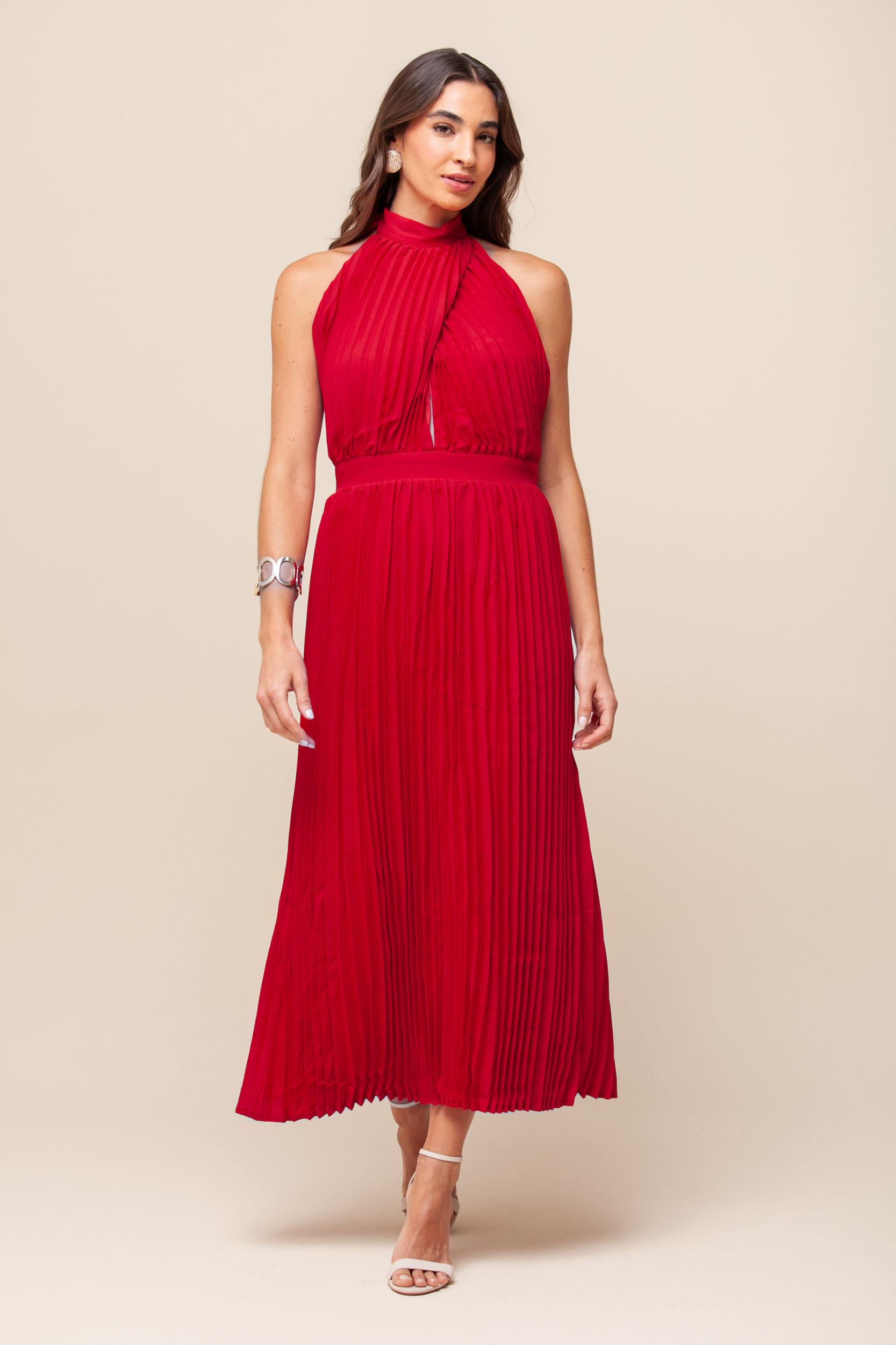 9036010 - Vestido Midi Plissado Recorte   VERMELHO