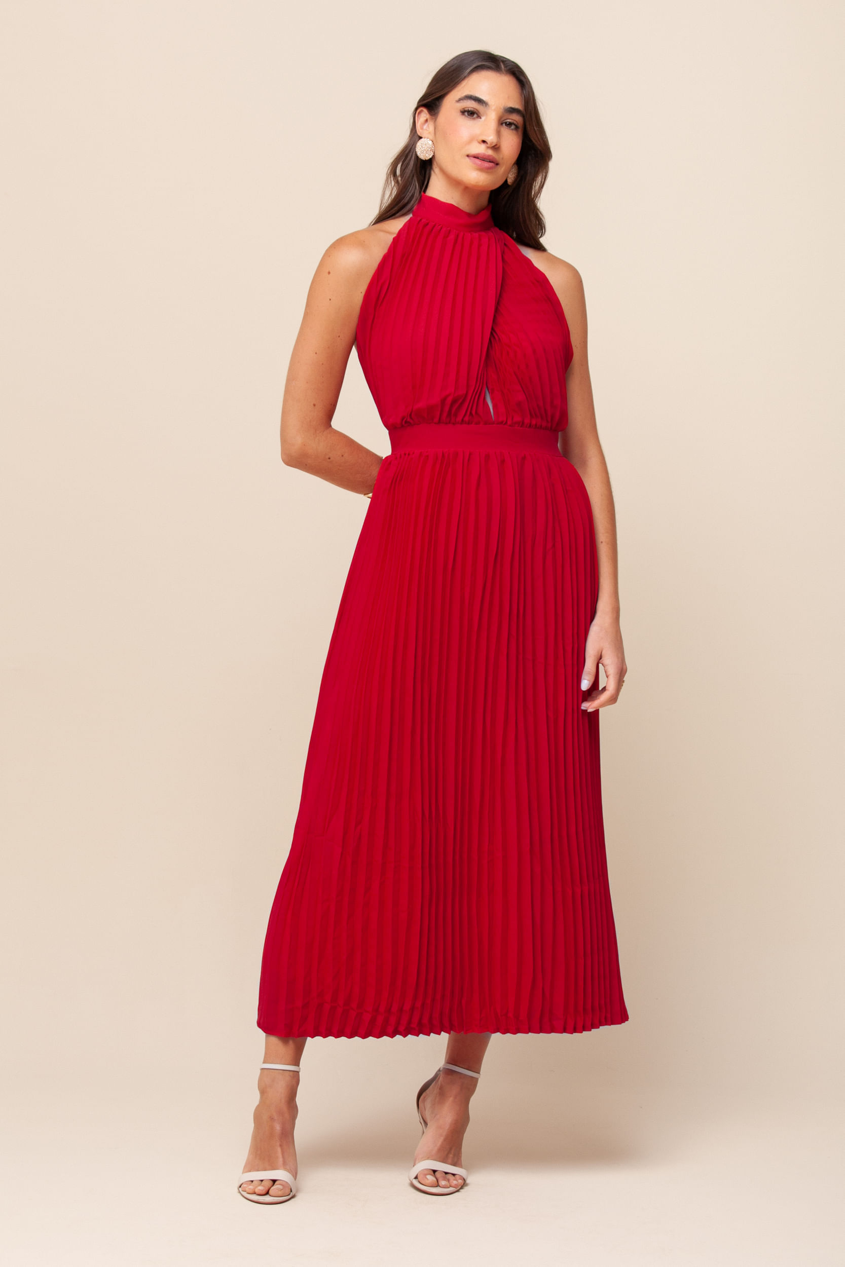 9036010 - Vestido Midi Plissado Recorte   VERMELHO