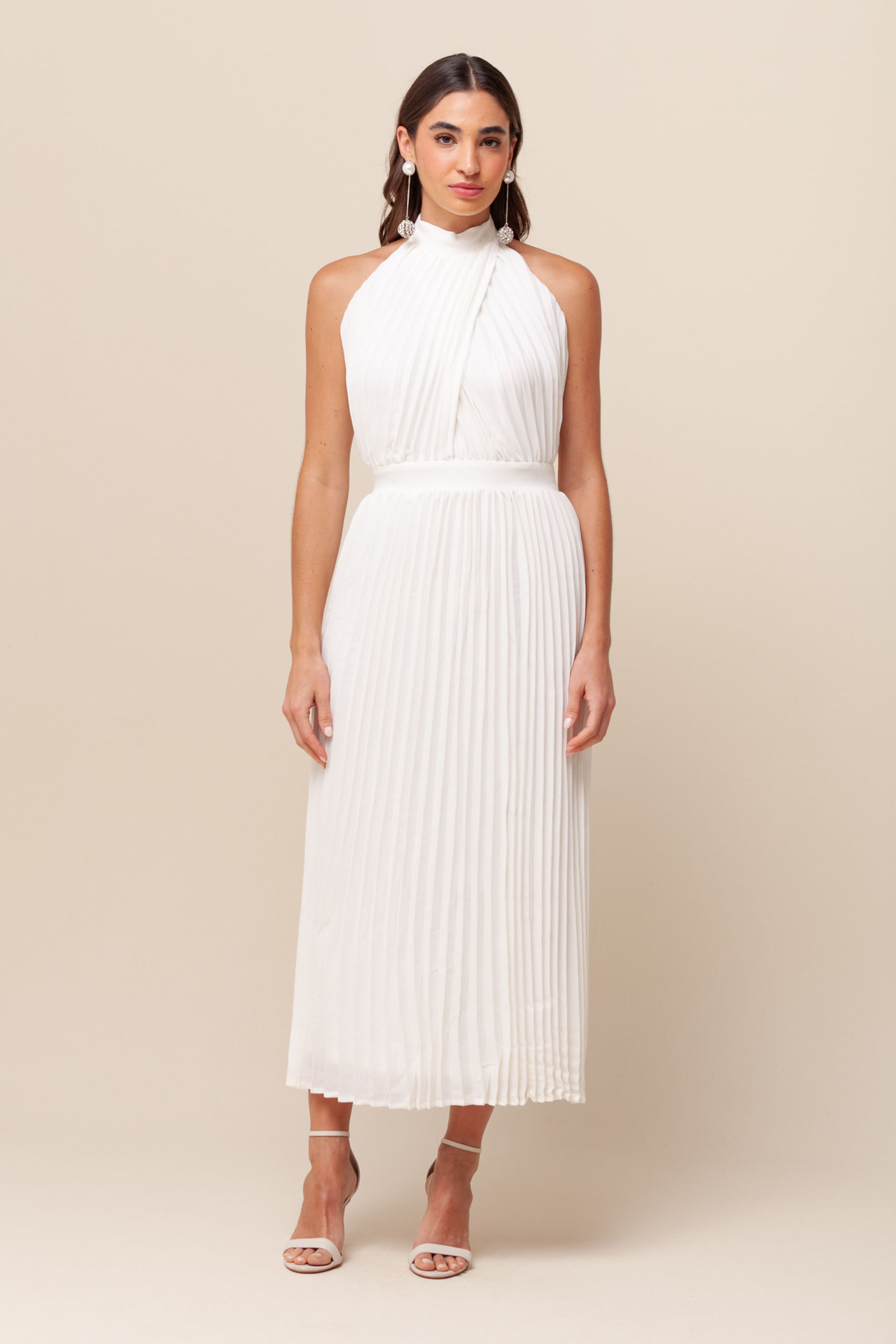 9036010 - Vestido Midi Plissado Recorte   OFF-WHITE
