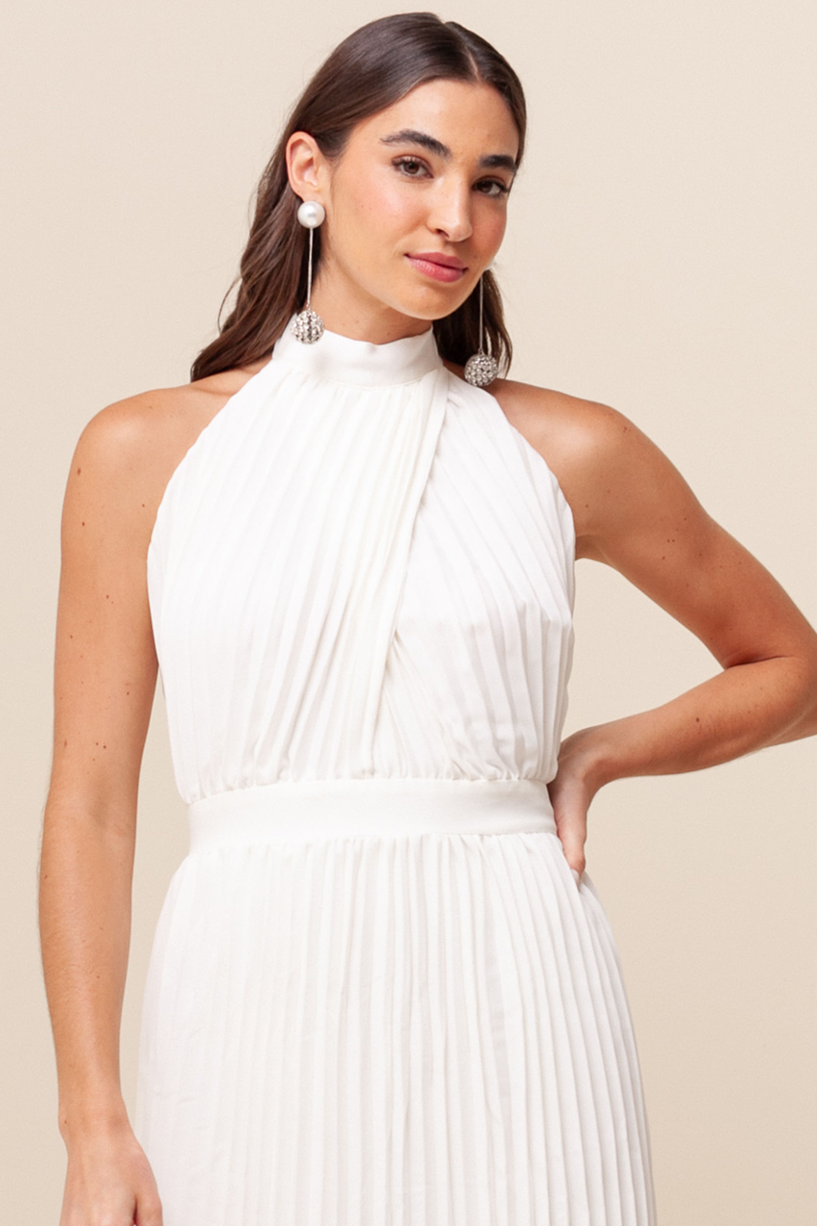 9036010 - Vestido Midi Plissado Recorte   OFF-WHITE