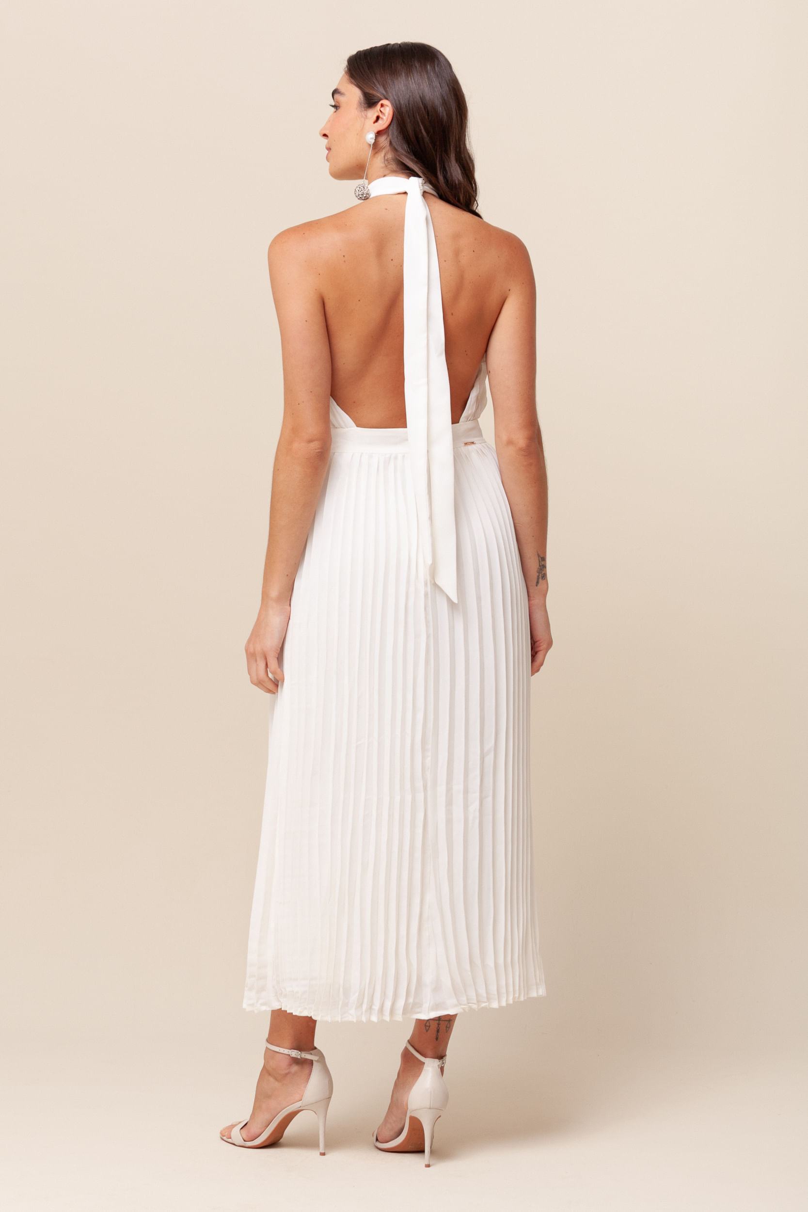 9036010 - Vestido Midi Plissado Recorte   OFF-WHITE