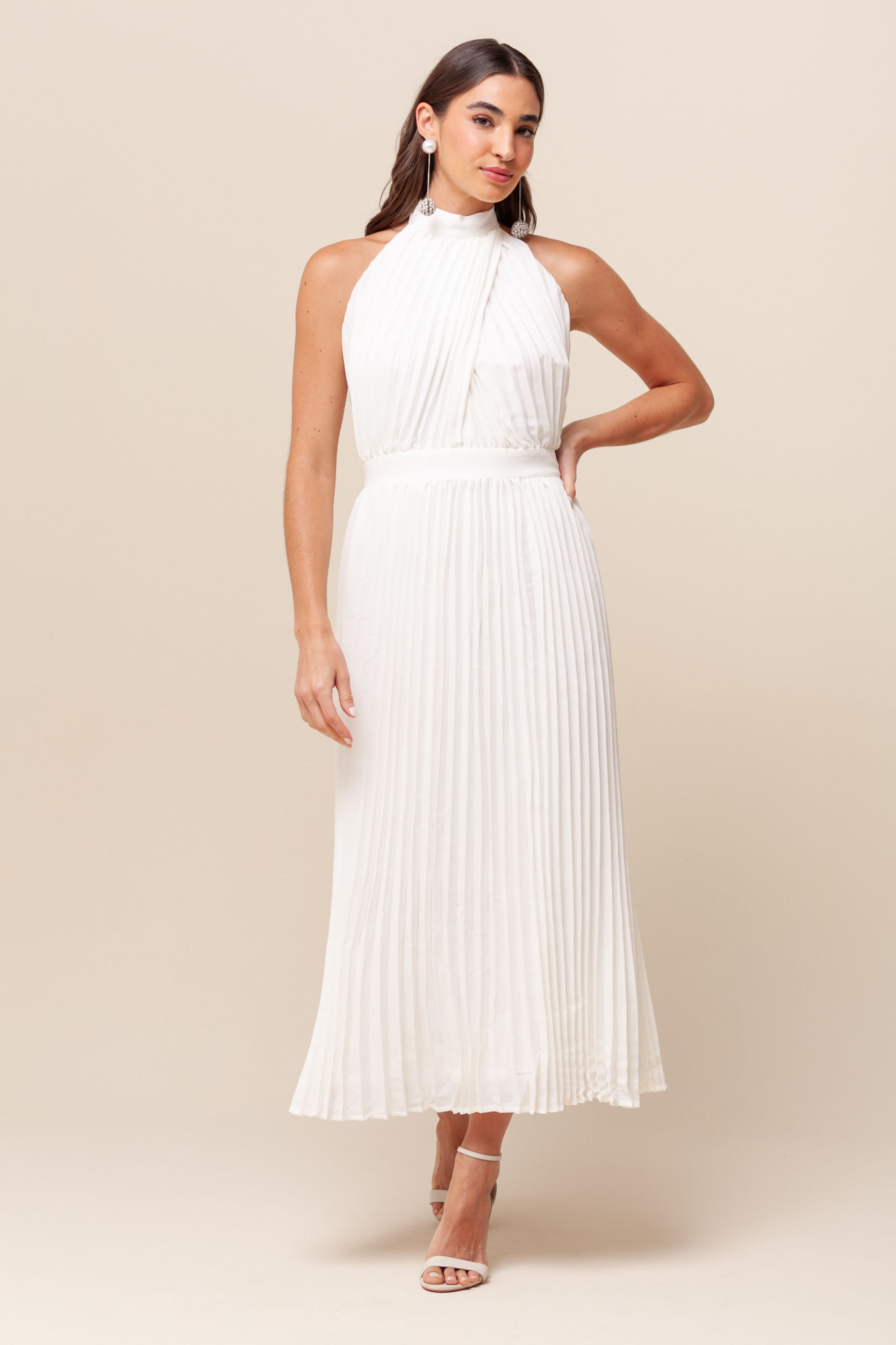 9036010 - Vestido Midi Plissado Recorte   OFF-WHITE