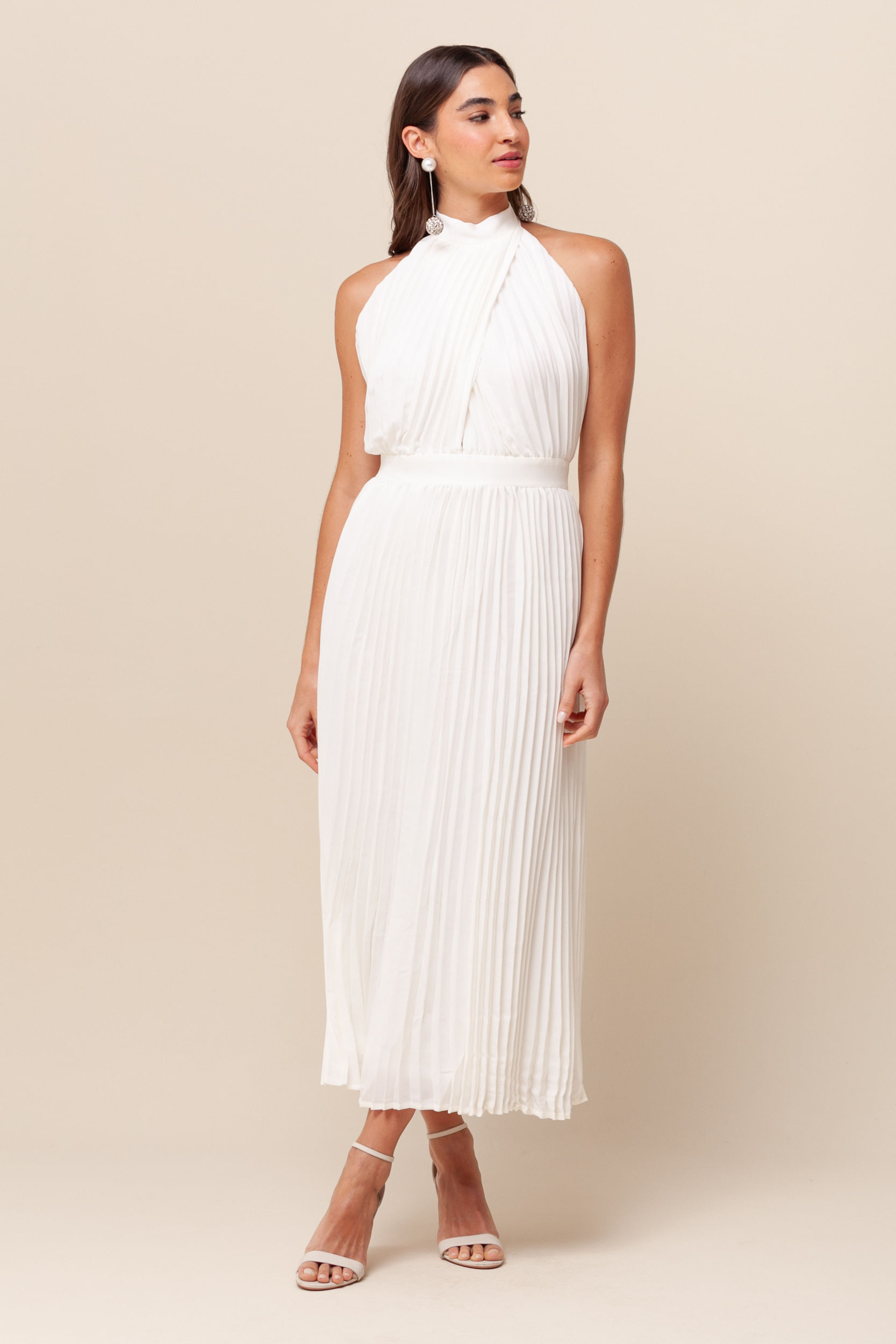 9036010 - Vestido Midi Plissado Recorte   OFF-WHITE