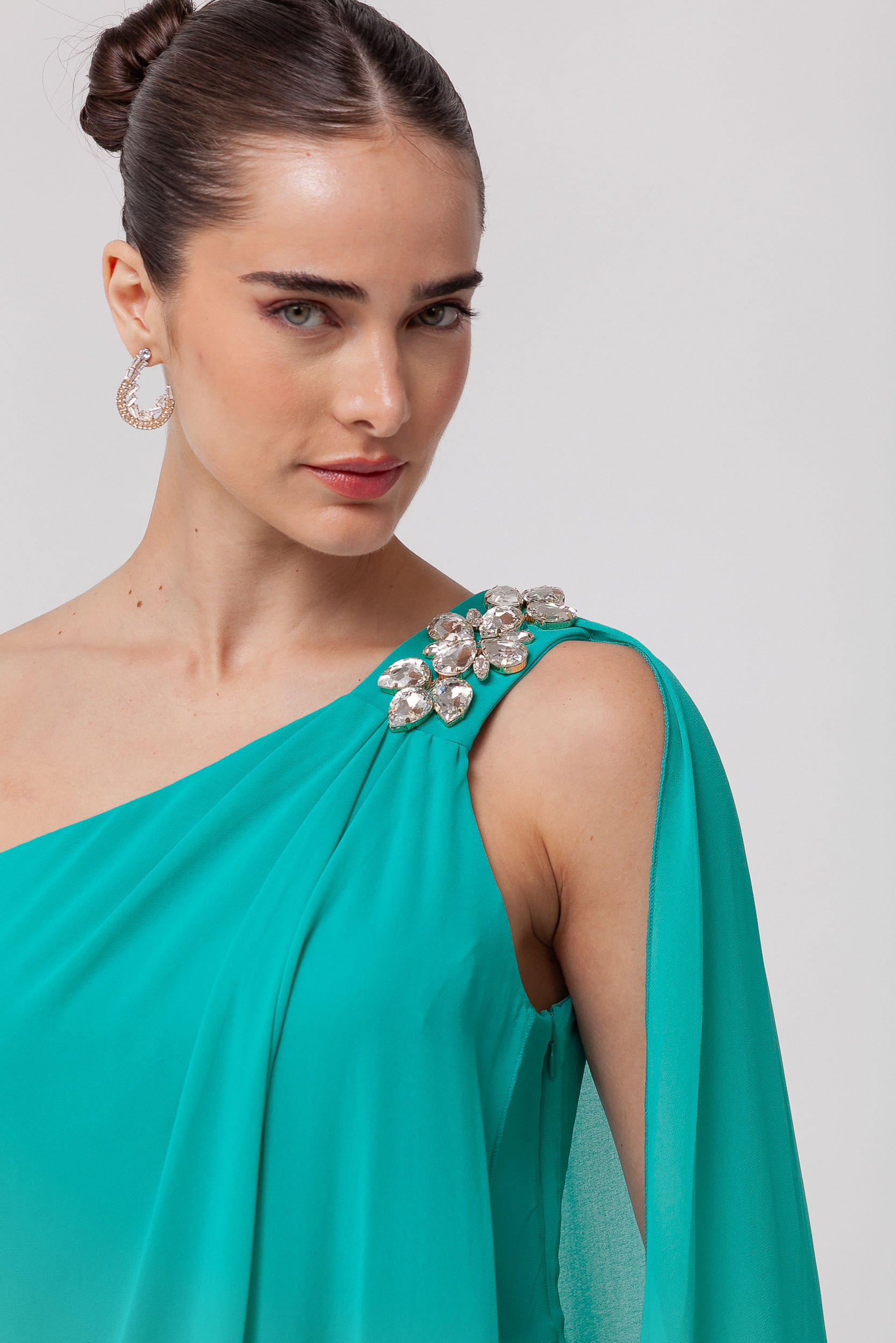 Vestido Longo Festa Fluído com Pedraria VERDE ÁGUA