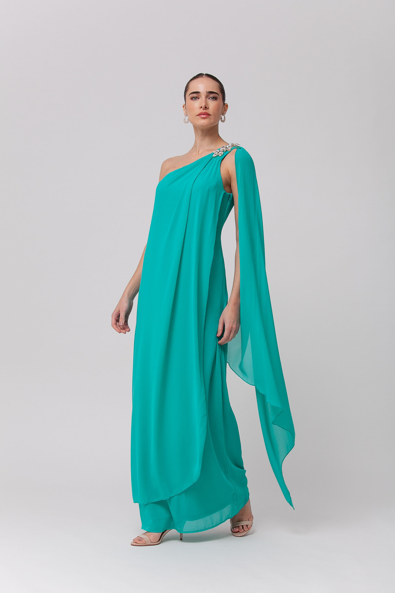 Vestido Longo Festa Fluído com Pedraria VERDE ÁGUA
