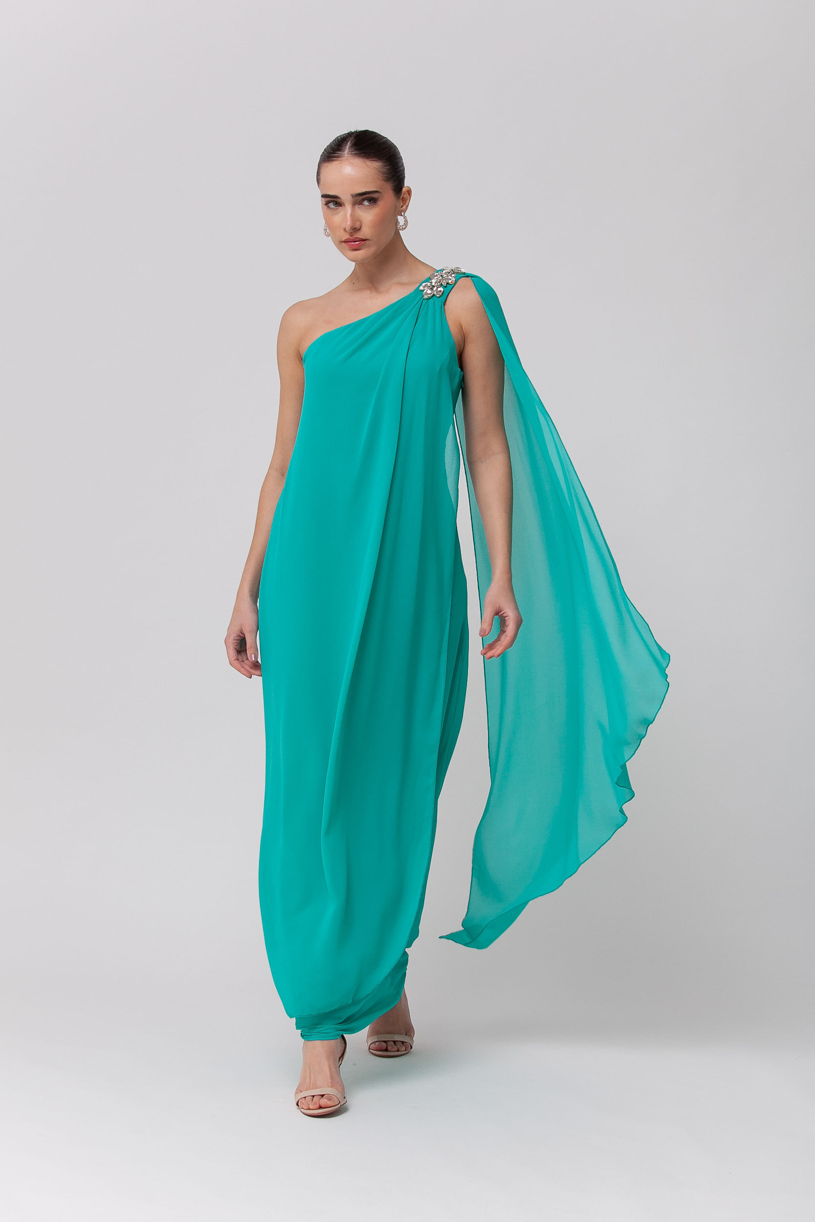 Vestido Longo Festa Fluído com Pedraria VERDE ÁGUA