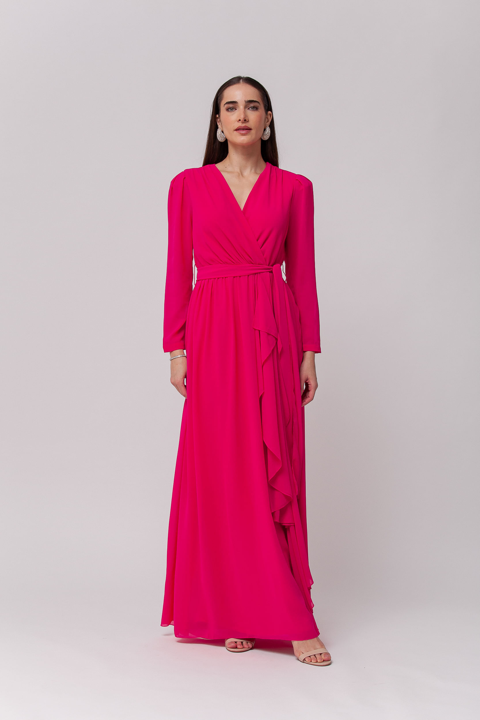 Vestido Festa Manga Longa Babados PINK