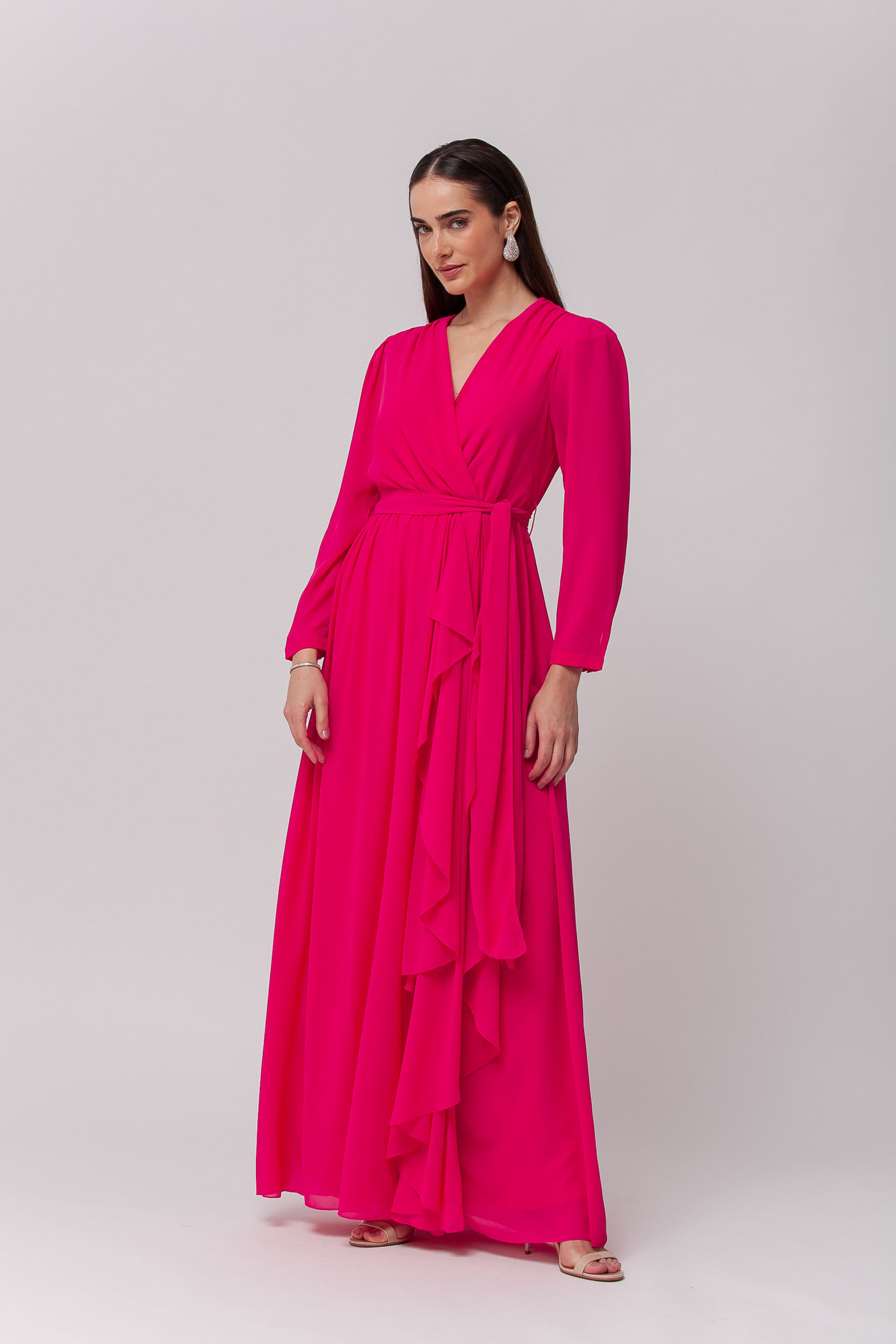 Vestido Festa Manga Longa Babados PINK