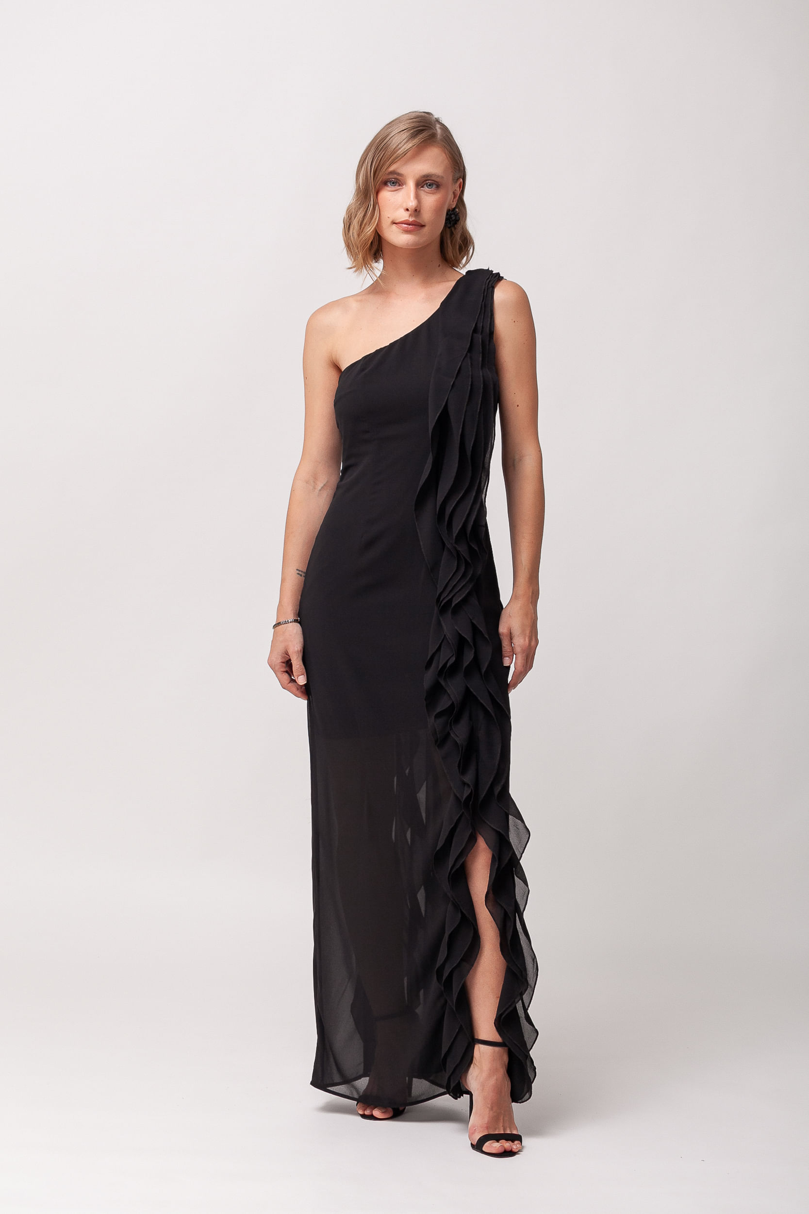 Vestido Festa Ombro Só Babados Lateral PRETO