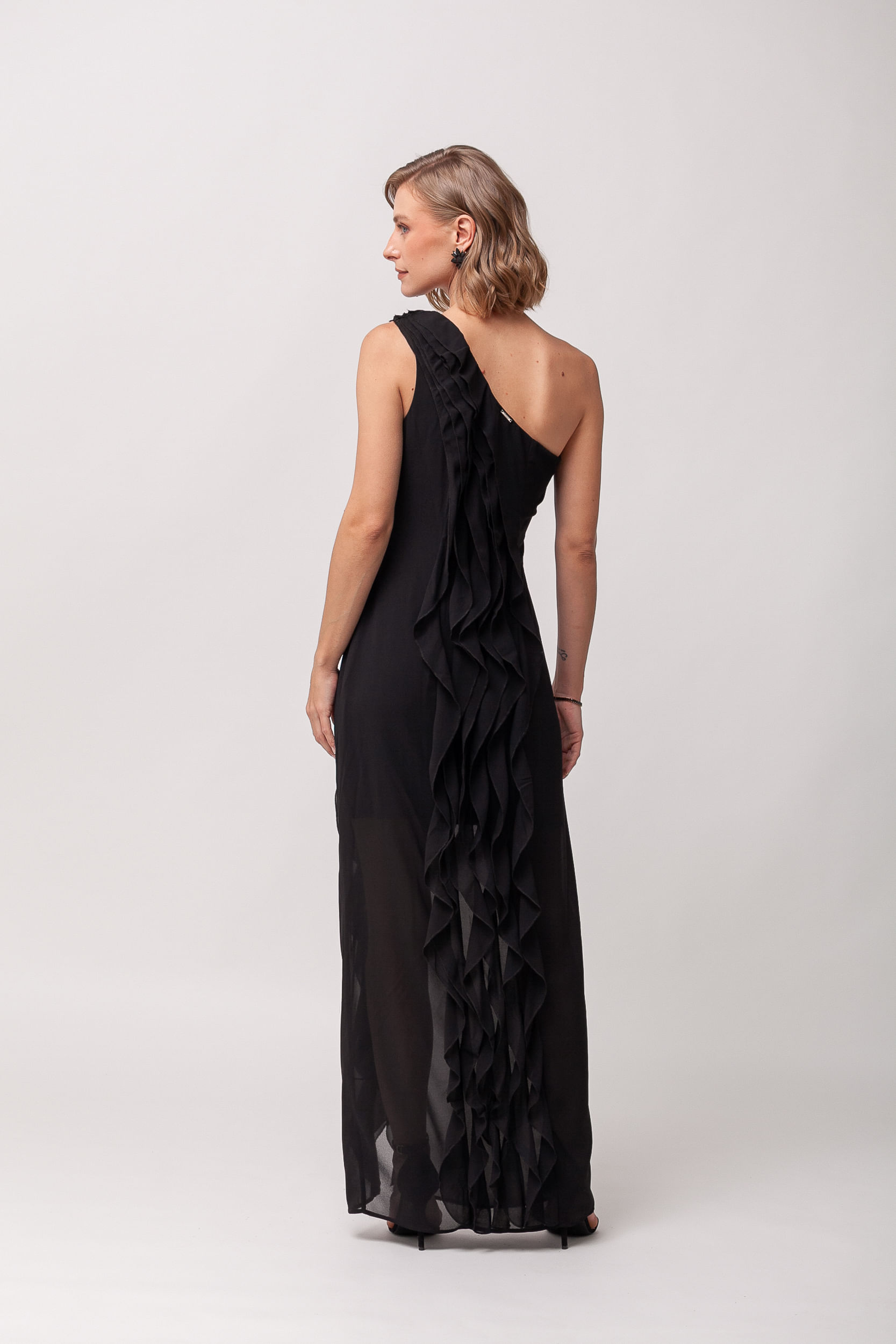 Vestido Festa Ombro Só Babados Lateral PRETO