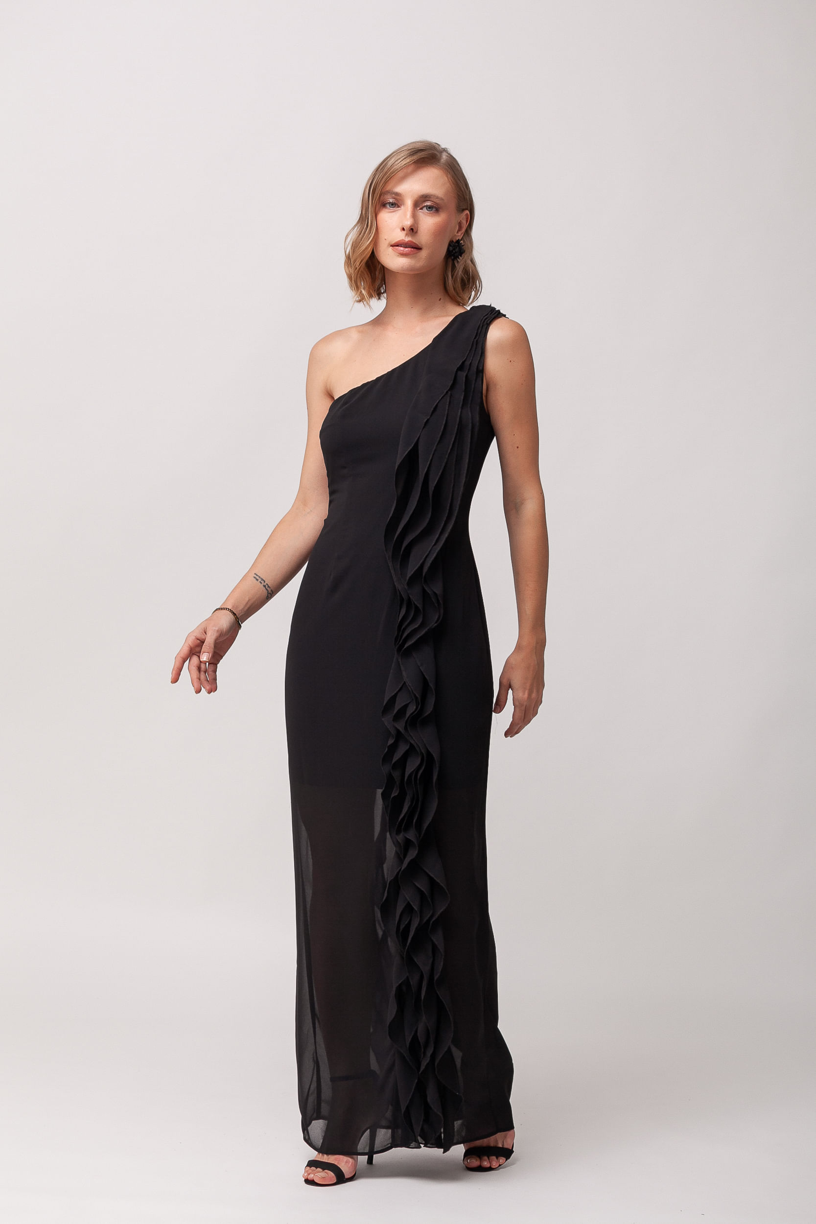 Vestido Festa Ombro Só Babados Lateral PRETO