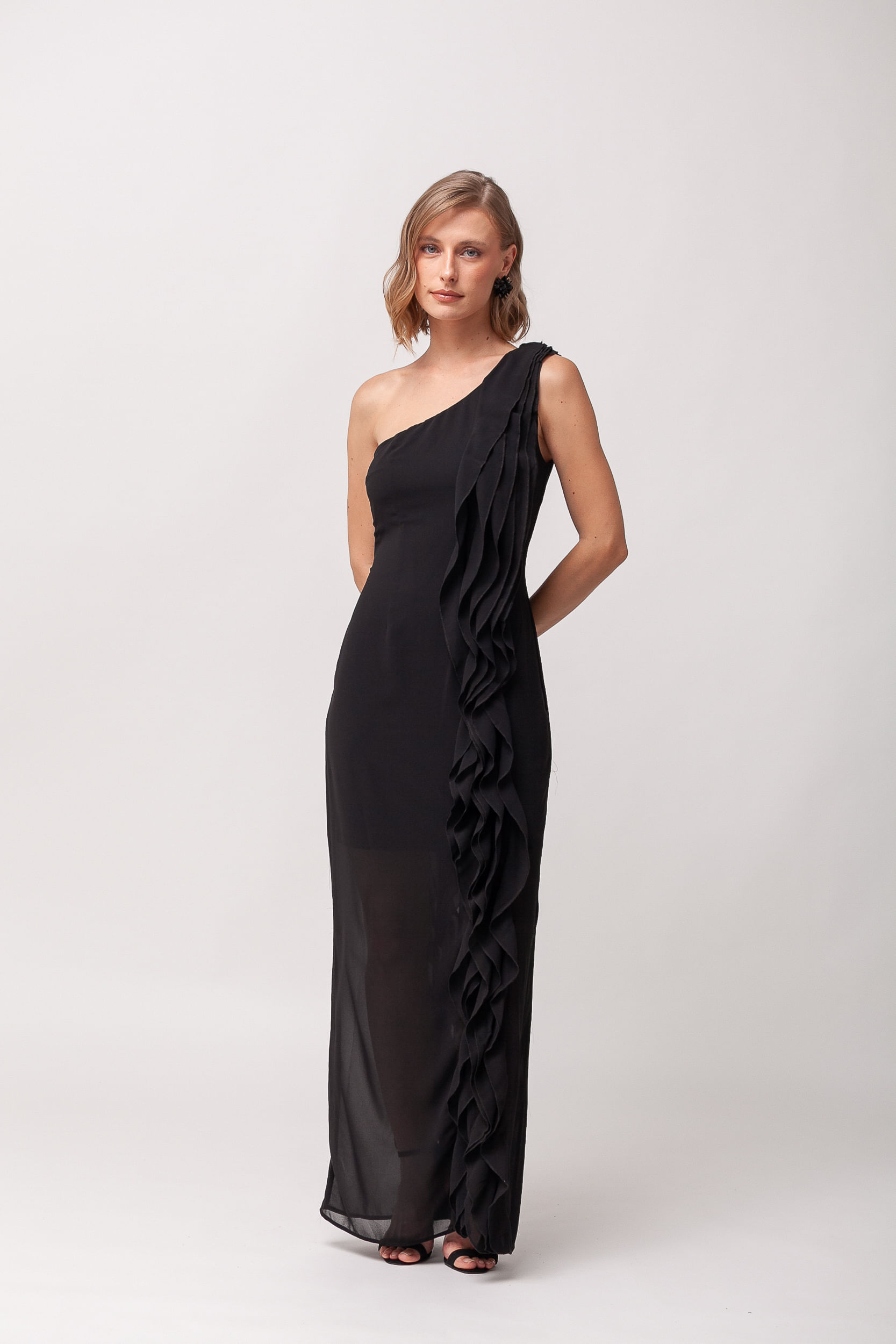 Vestido Festa Ombro Só Babados Lateral PRETO