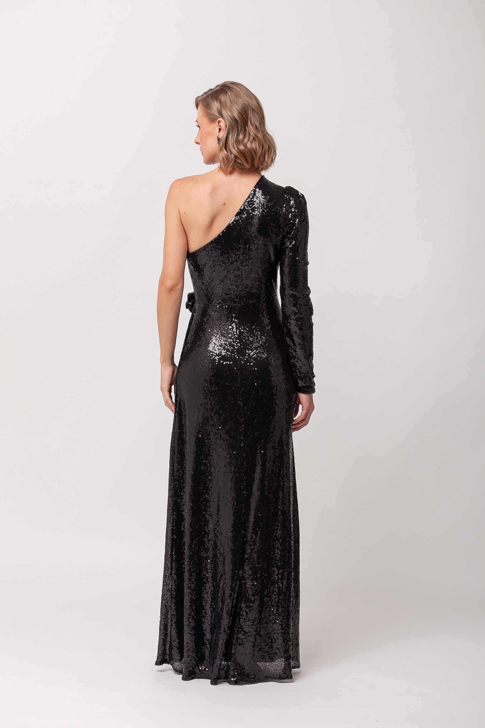 Vestido Festa Paetê Manga Só Longa PRETO
